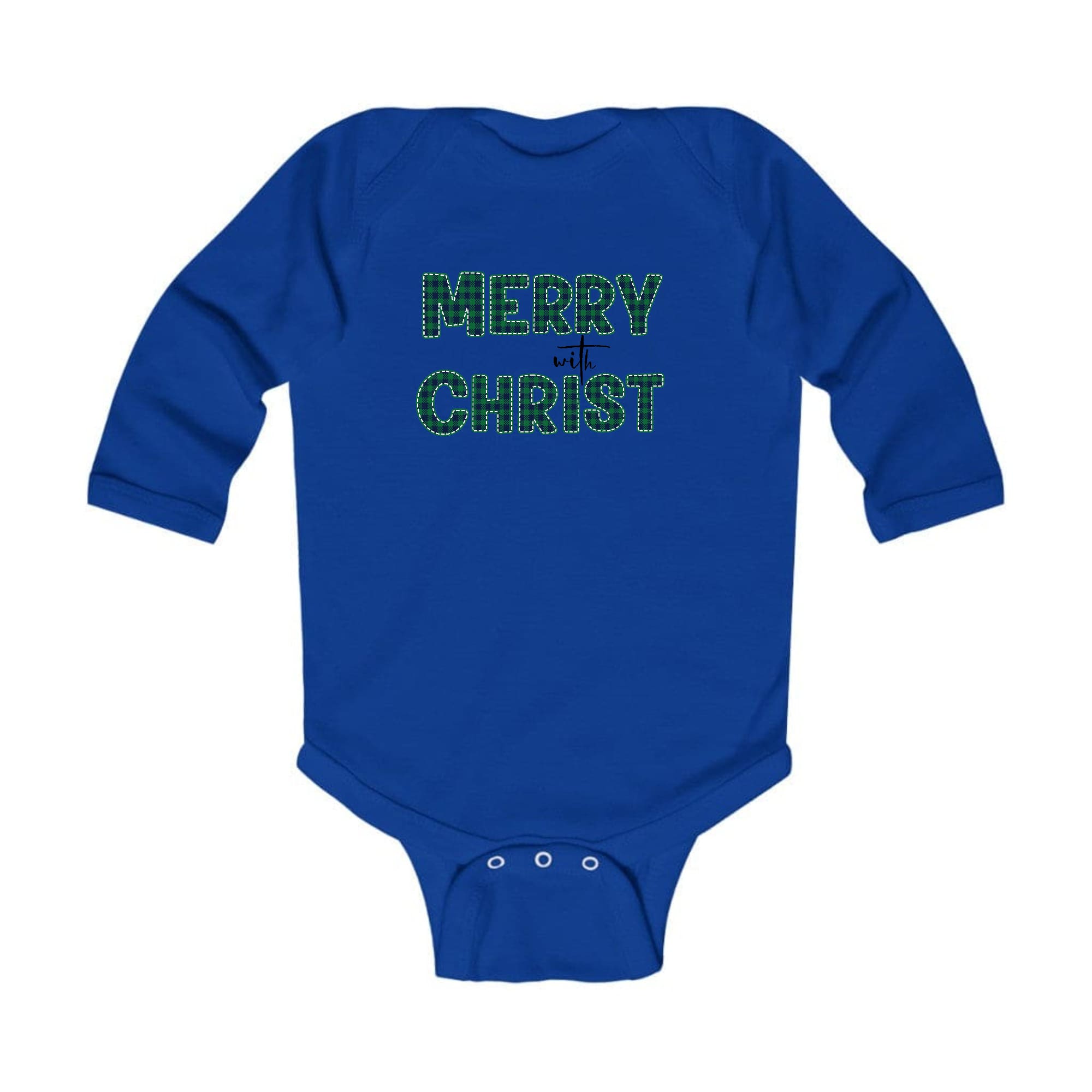 Infant Long Sleeve Graphic T-shirt in Green Plaid with Merry with Christ print, perfect for holiday celebrations.
