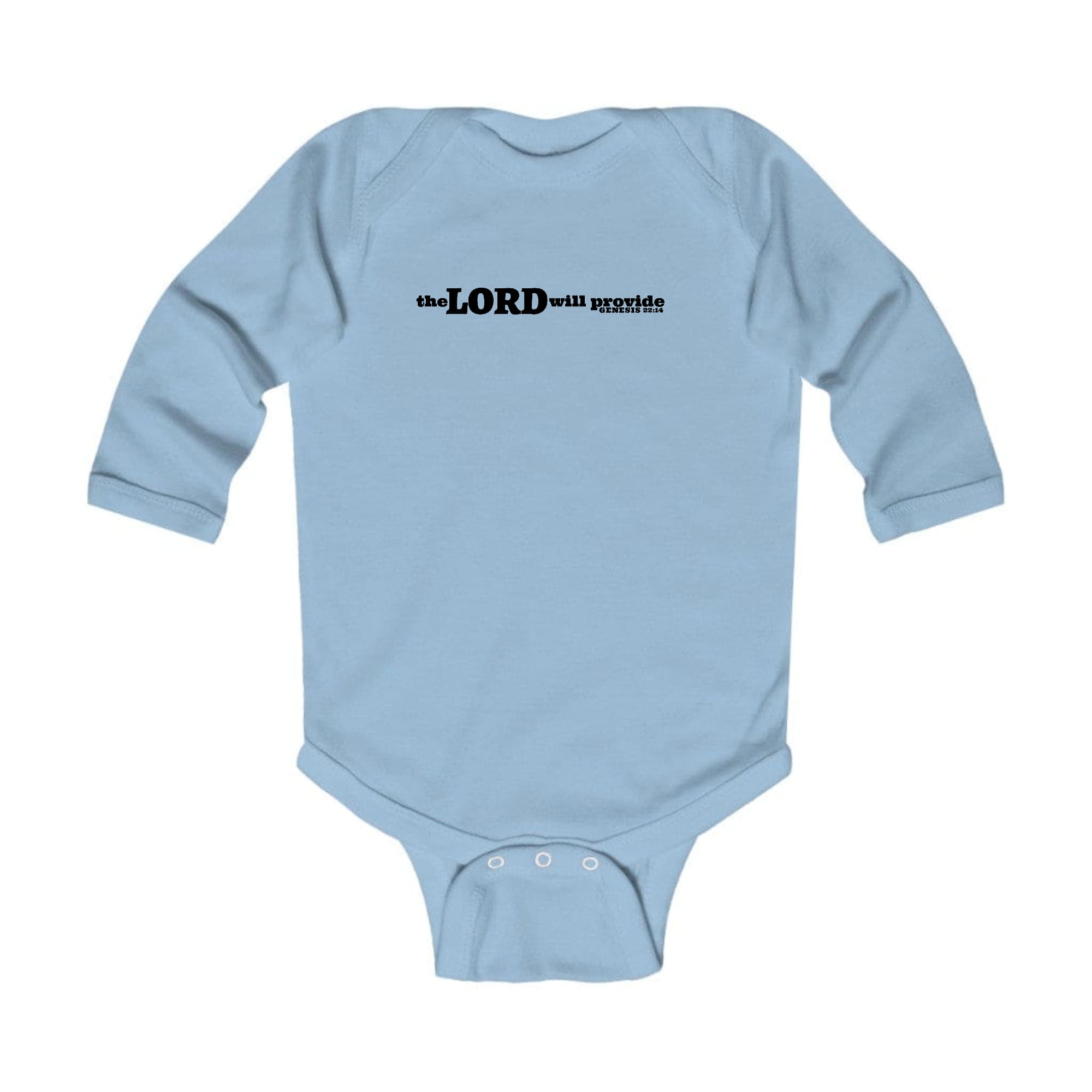 Infant Long Sleeve Graphic T-shirt featuring 'The Lord Will Provide' print, showcasing soft fabric and lap shoulder design.
