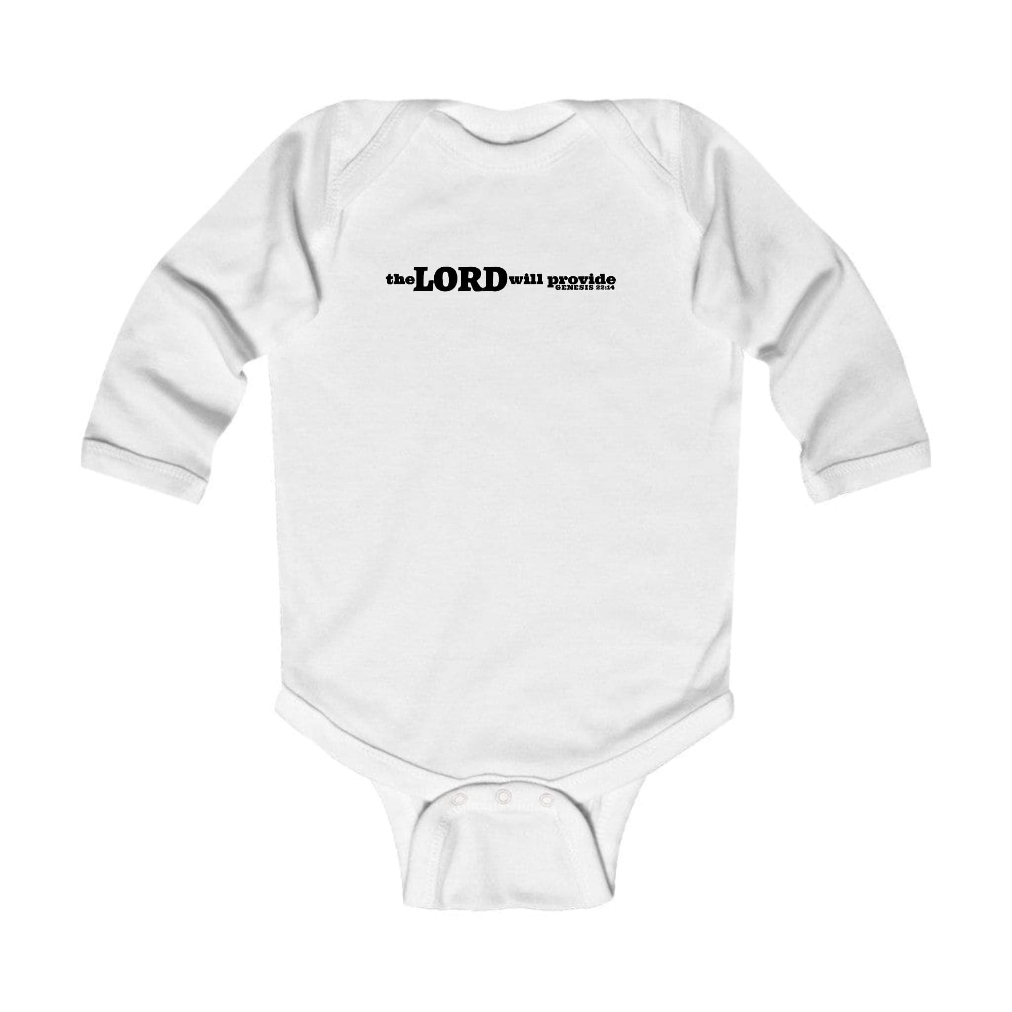 Infant Long Sleeve Graphic T-shirt featuring 'The Lord Will Provide' print, showcasing soft fabric and lap shoulder design.