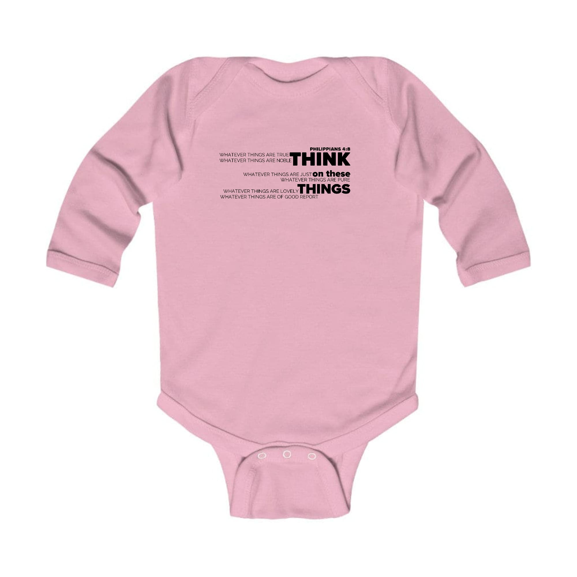 Infant Long Sleeve Graphic T-shirt in black with 'Think On These Things' illustration, featuring lap shoulders and durable fabric.