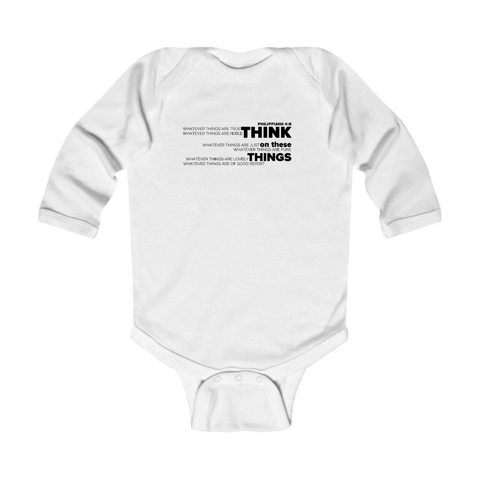 Infant Long Sleeve Graphic T-shirt in black with 'Think On These Things' illustration, featuring lap shoulders and durable fabric.
