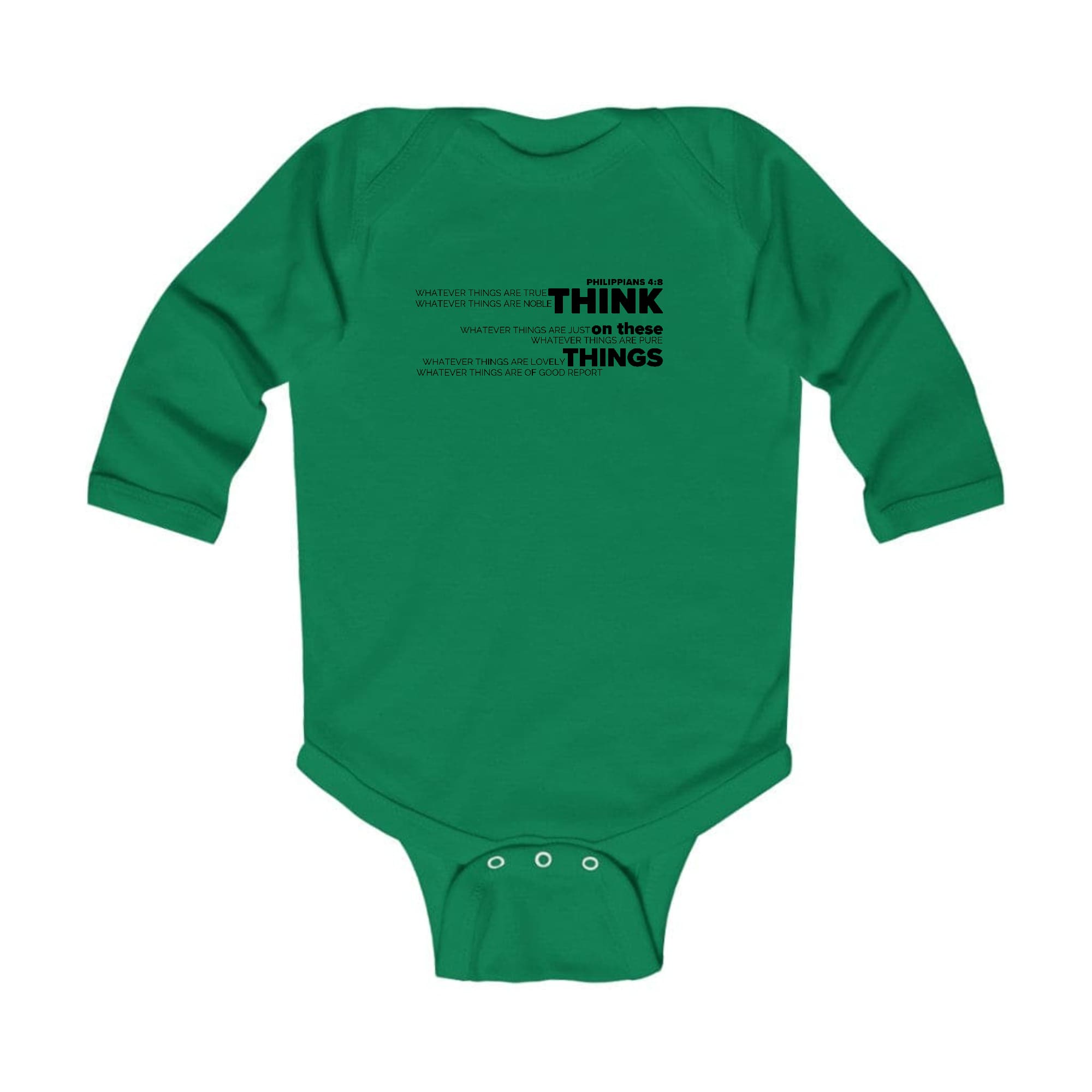 Infant Long Sleeve Graphic T-shirt in black with 'Think On These Things' illustration, featuring lap shoulders and durable fabric.