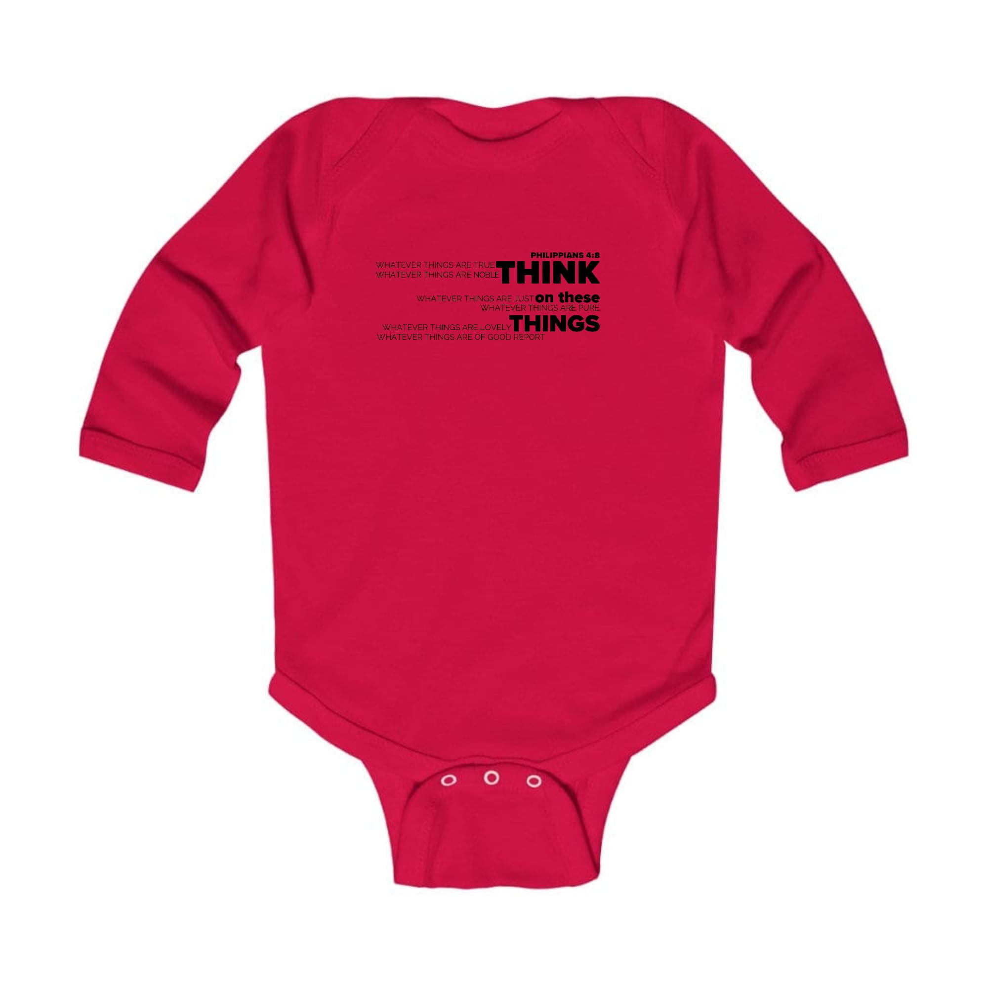 Infant Long Sleeve Graphic T-shirt in black with 'Think On These Things' illustration, featuring lap shoulders and durable fabric.