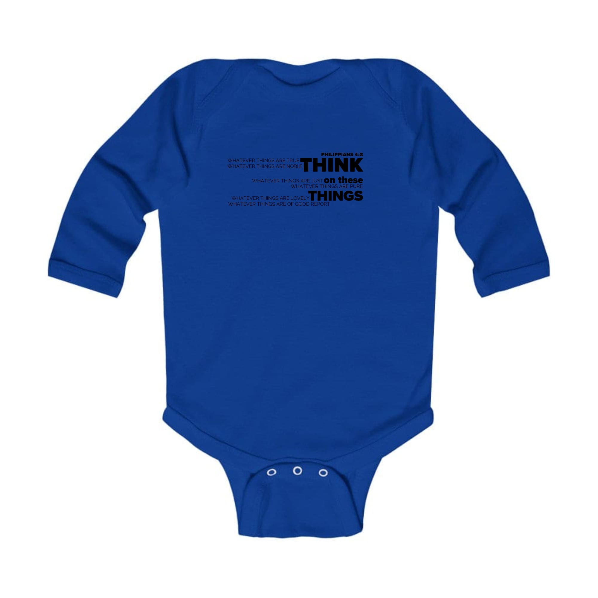 Infant Long Sleeve Graphic T-shirt in black with 'Think On These Things' illustration, featuring lap shoulders and durable fabric.
