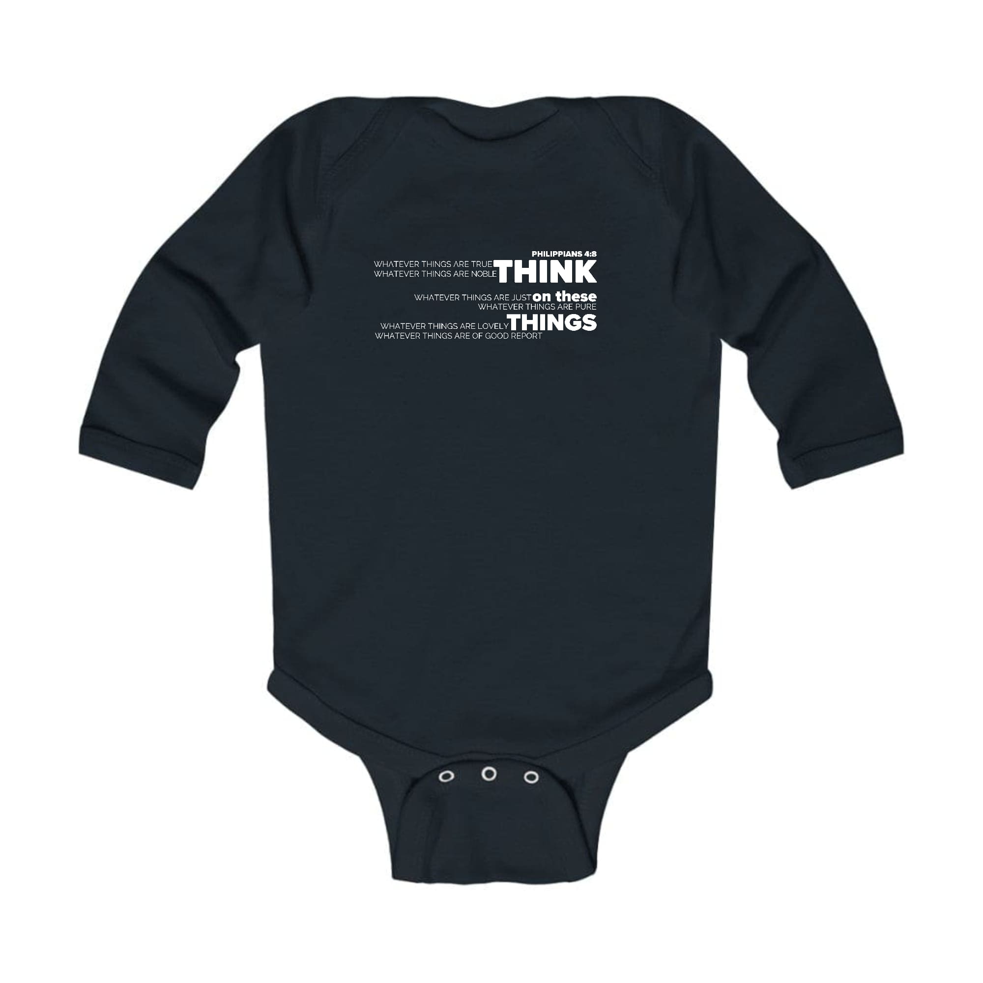 Infant Long Sleeve Graphic T-shirt featuring the phrase 'Think on These Things', designed for comfort and durability.
