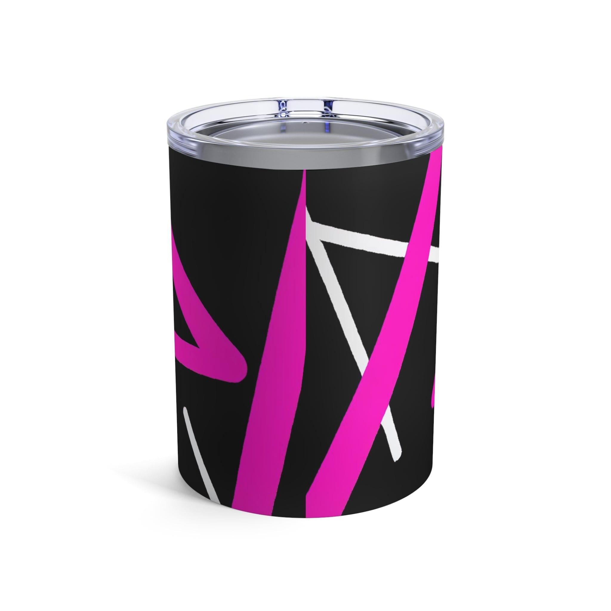 Insulated Tumbler 10oz featuring a stylish black and pink pattern, made of stainless steel with a see-thru plastic lid.
