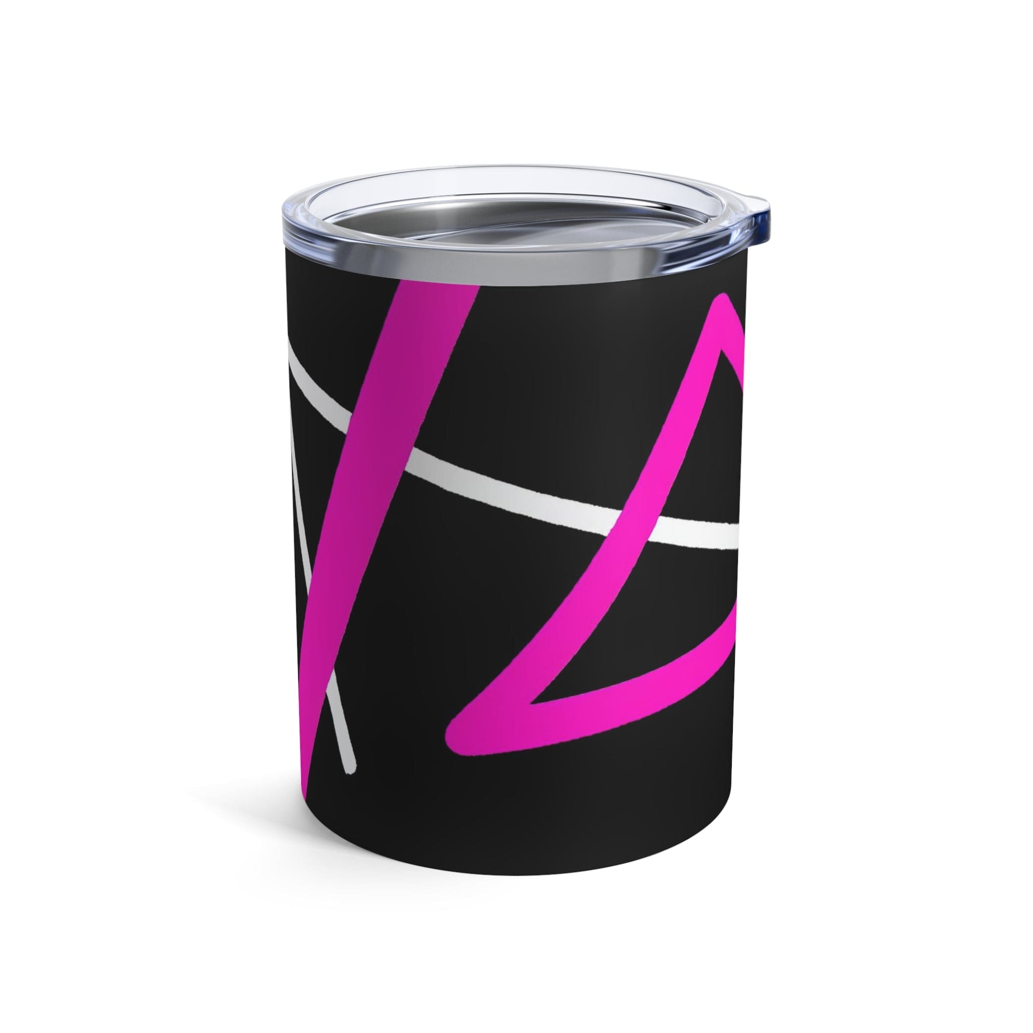 Insulated Tumbler 10oz featuring a stylish black and pink pattern, made of stainless steel with a see-thru plastic lid.