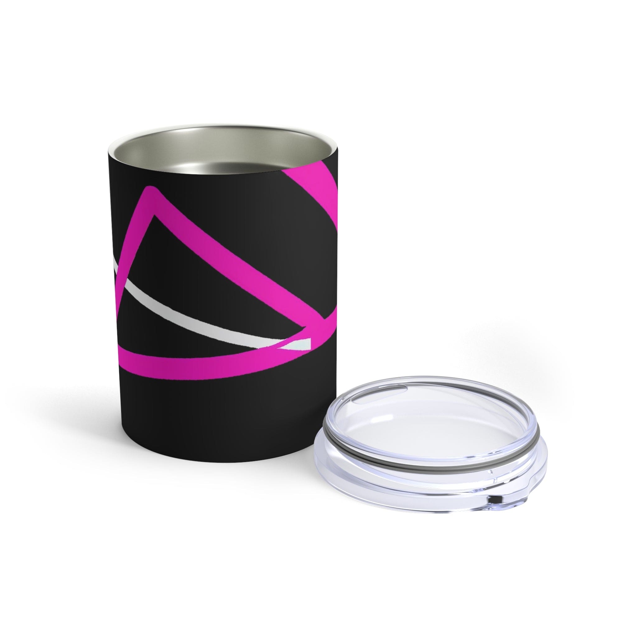 Insulated Tumbler 10oz featuring a stylish black and pink pattern, made of stainless steel with a see-thru plastic lid.