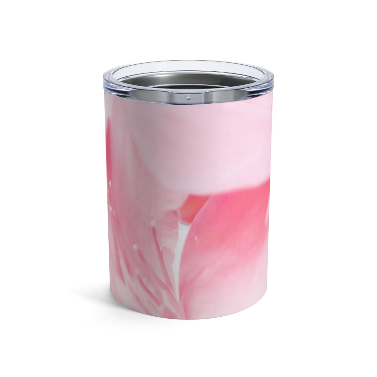 10oz insulated tumbler in Pink Flower Bloom design, showcasing a vibrant floral pattern on stainless steel with a see-thru plastic lid.