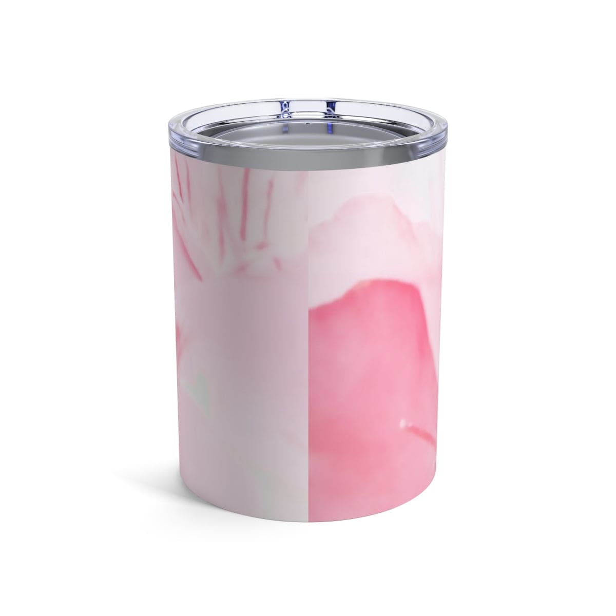 10oz insulated tumbler in Pink Flower Bloom design, showcasing a vibrant floral pattern on stainless steel with a see-thru plastic lid.