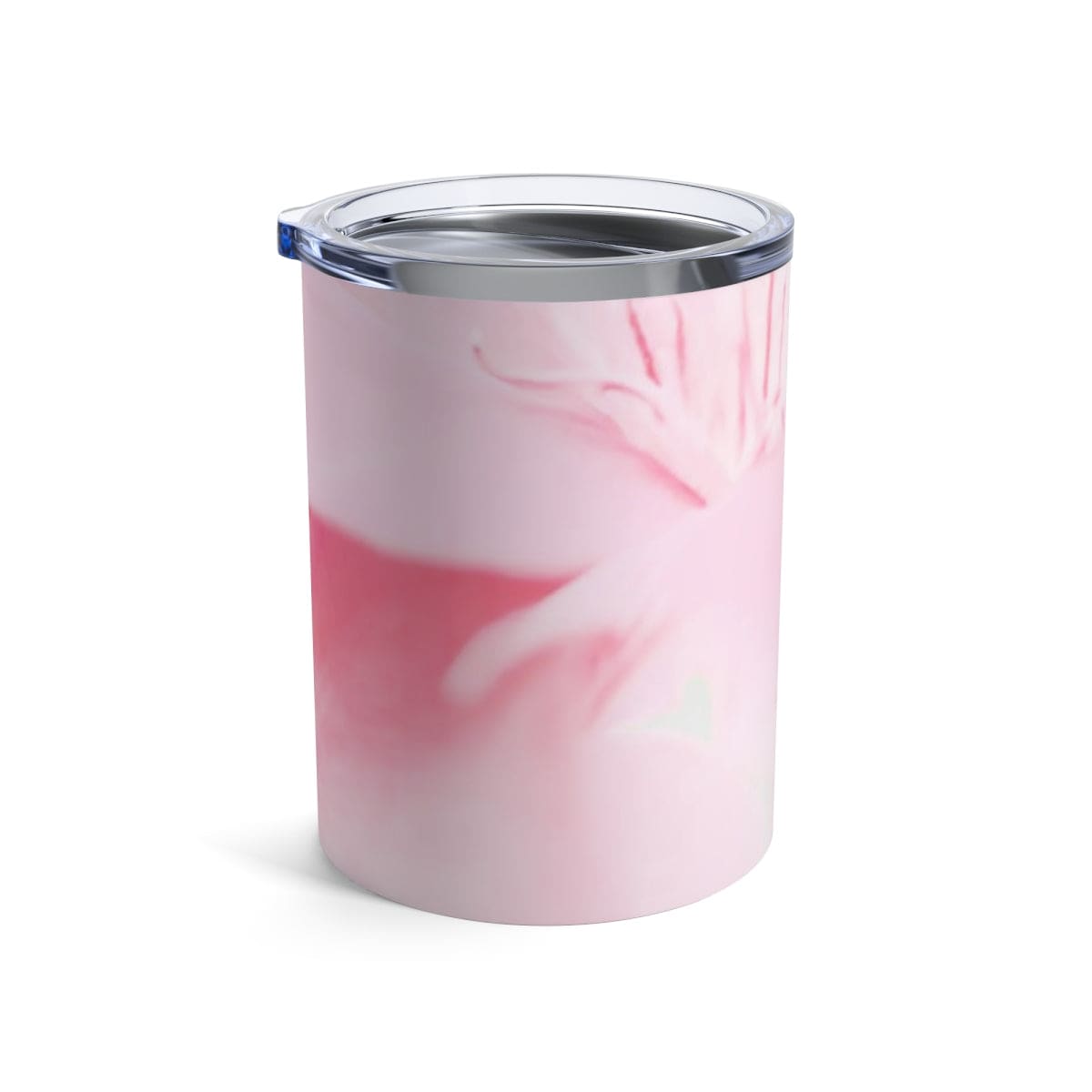 10oz insulated tumbler in Pink Flower Bloom design, showcasing a vibrant floral pattern on stainless steel with a see-thru plastic lid.