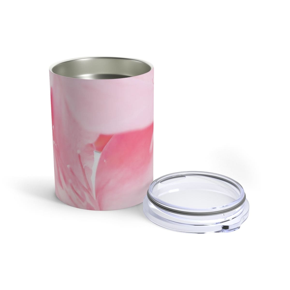 10oz insulated tumbler in Pink Flower Bloom design, showcasing a vibrant floral pattern on stainless steel with a see-thru plastic lid.