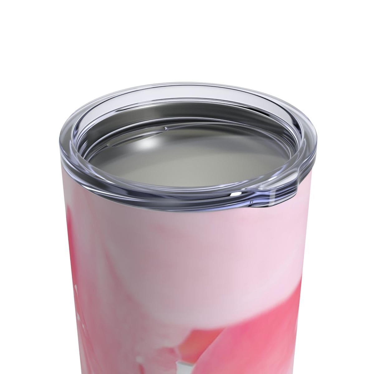 10oz insulated tumbler in Pink Flower Bloom design, showcasing a vibrant floral pattern on stainless steel with a see-thru plastic lid.