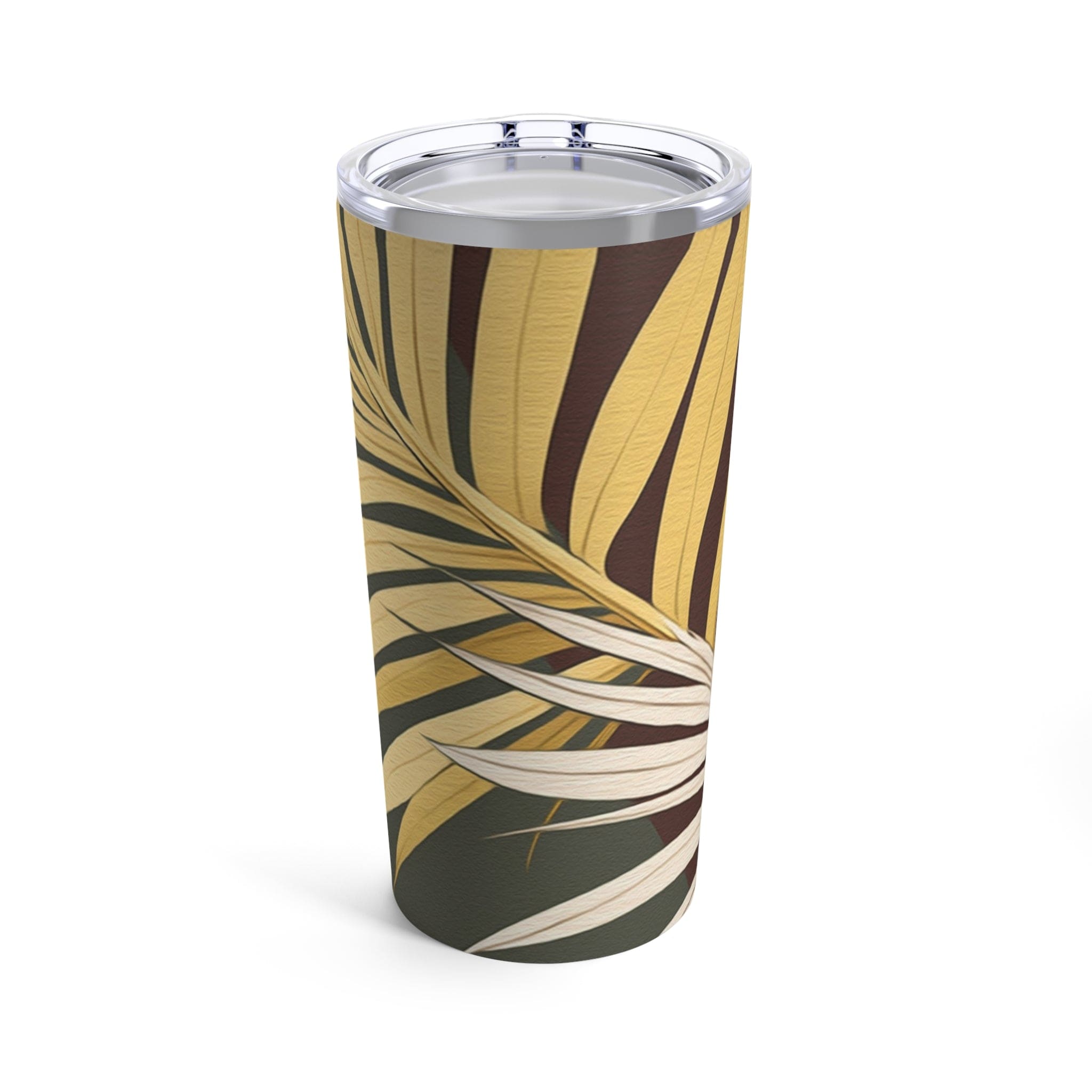 Insulated 20oz tumbler featuring a vibrant yellow and green palm tree leaves illustration, perfect for travel and outdoor use.