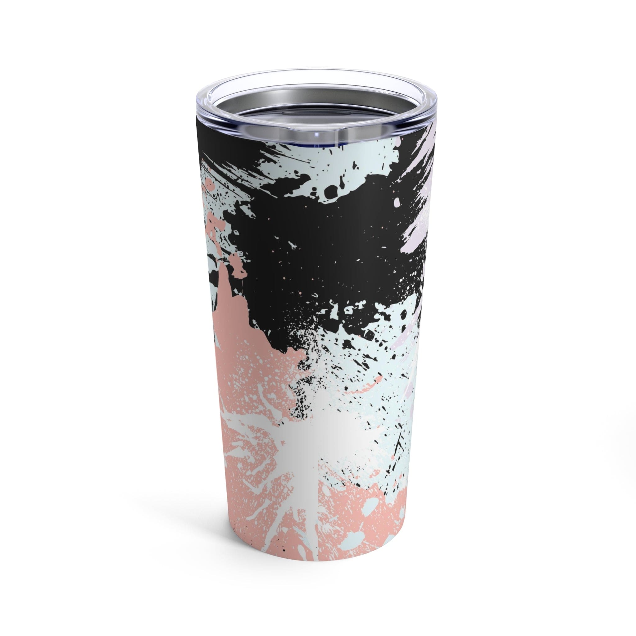 20oz insulated tumbler featuring a pink and black abstract pattern, made of stainless steel with a see-thru plastic lid.
