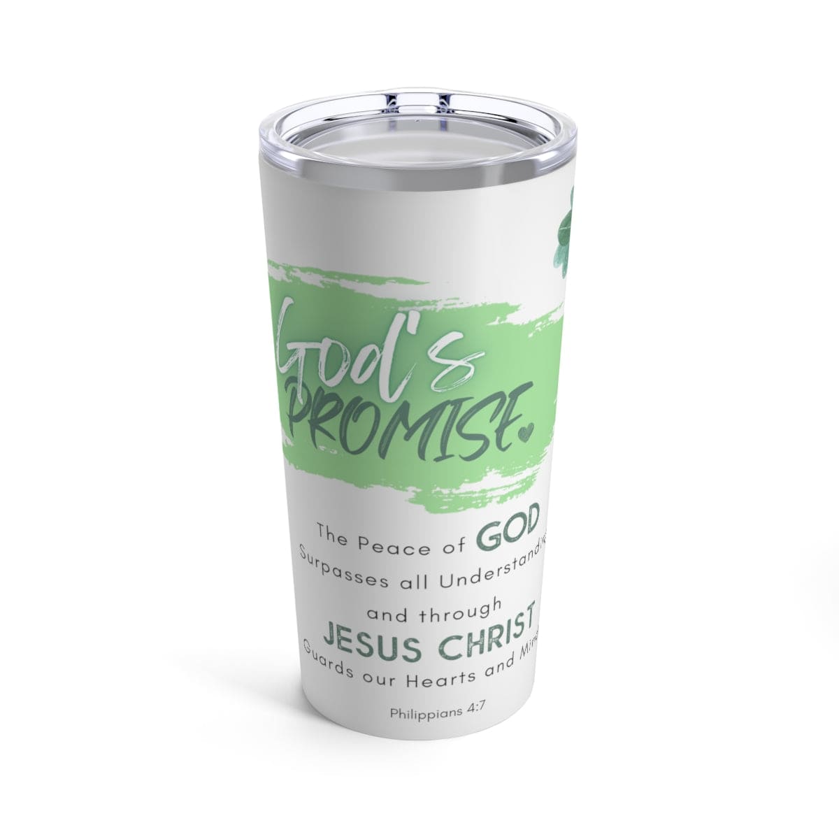 20oz Insulated Tumbler with stainless steel body and inspirational phrase, 'The Peace of God Surpasses All Understanding', featuring a see-thru plastic lid.