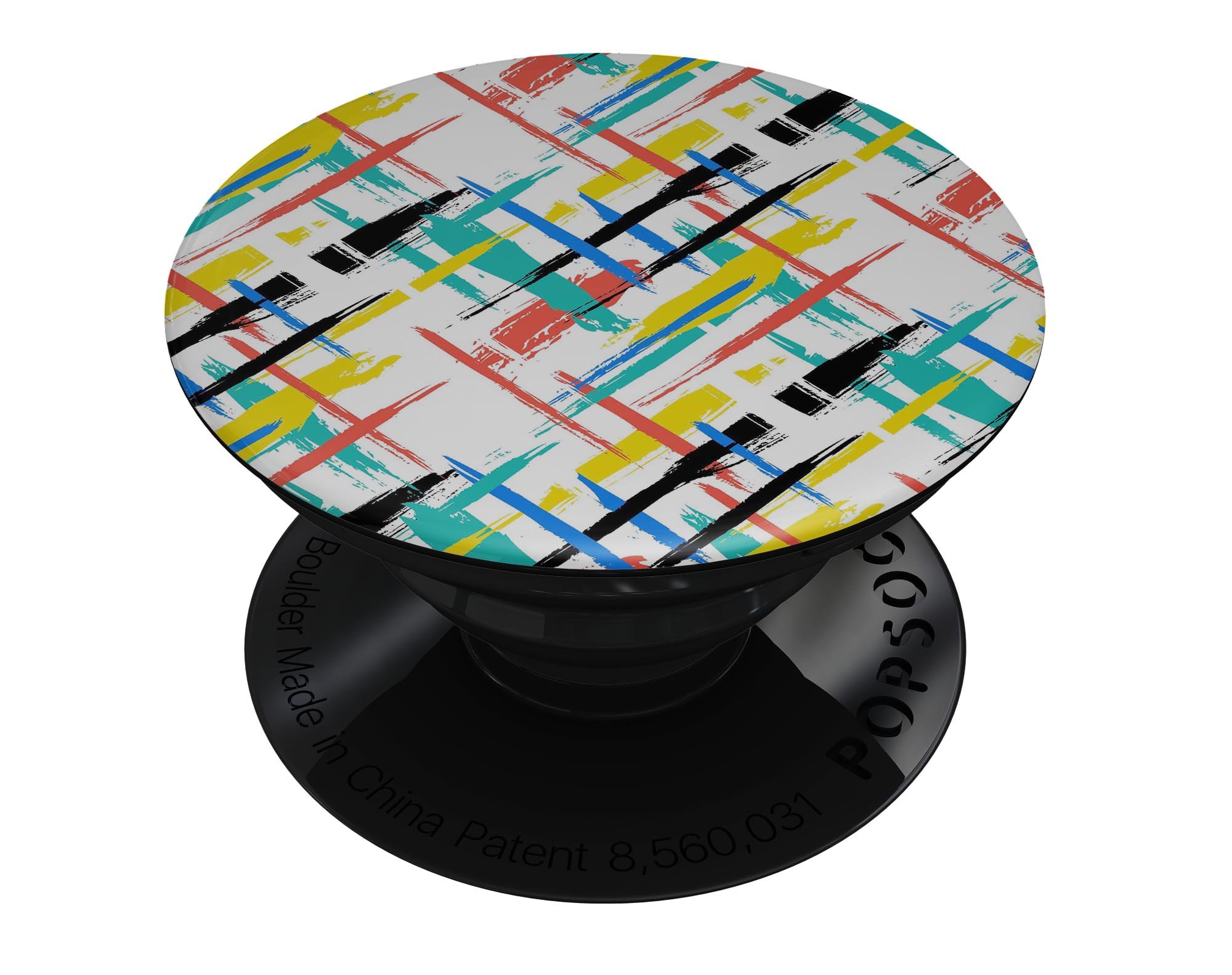 Intersecting Vector Bright Strokes Skin Kit for PopSockets, showcasing vibrant colors and patterns on a smartphone grip.