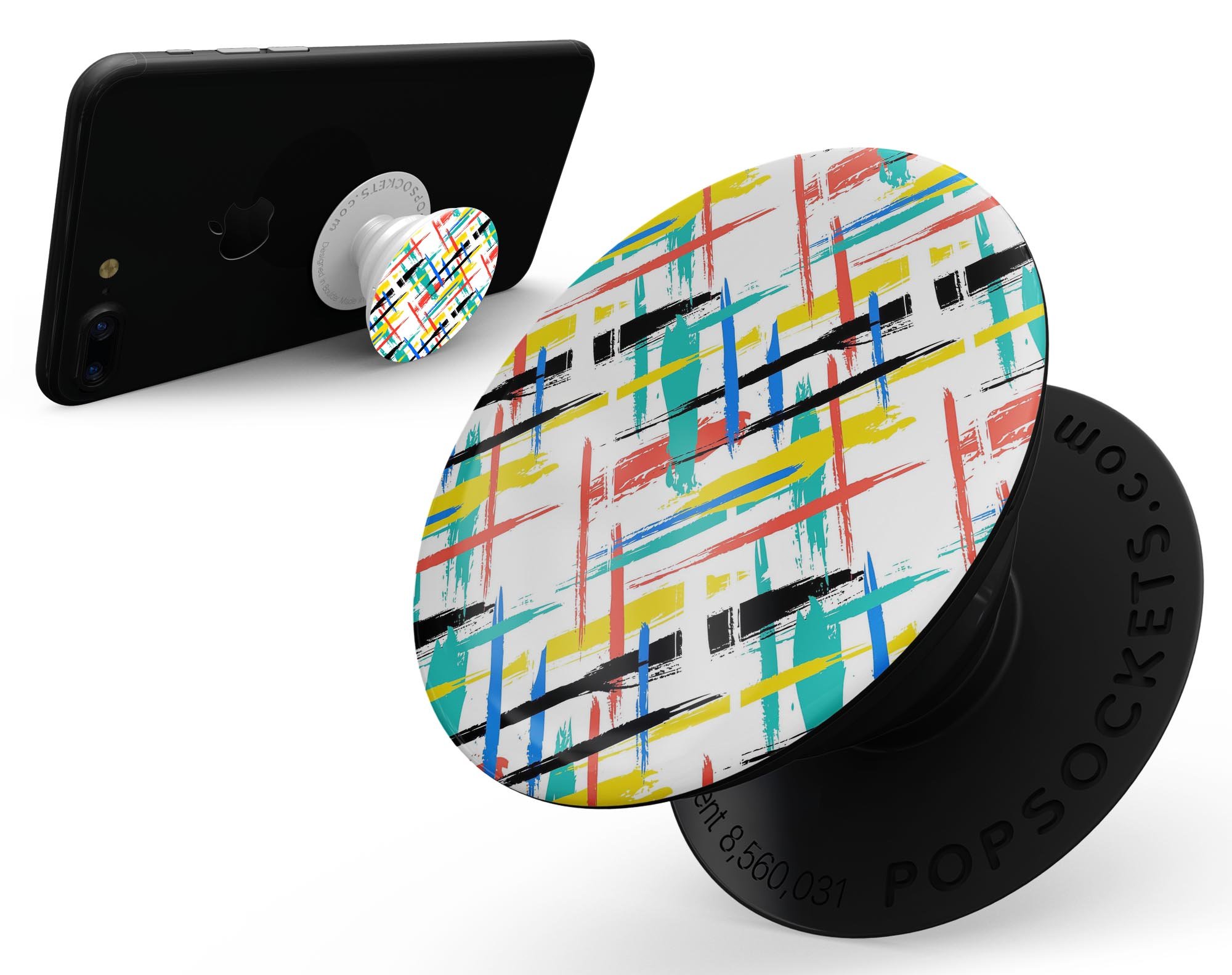 Intersecting Vector Bright Strokes Skin Kit for PopSockets, showcasing vibrant colors and patterns on a smartphone grip.
