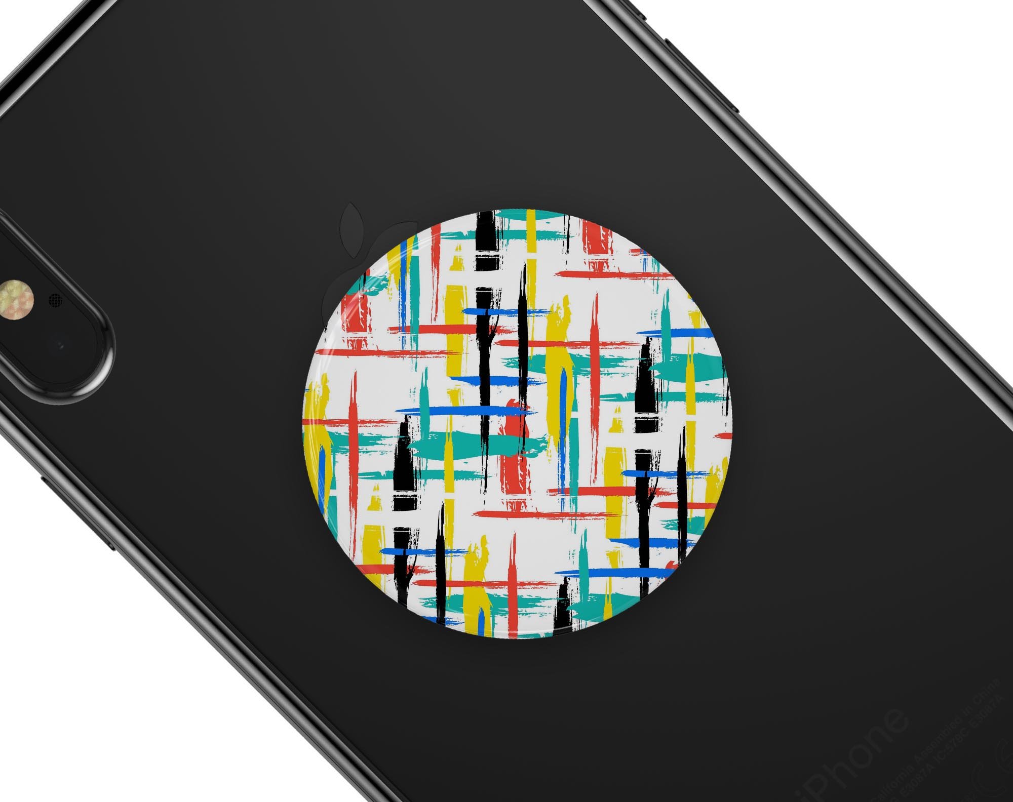 Intersecting Vector Bright Strokes Skin Kit for PopSockets, showcasing vibrant colors and patterns on a smartphone grip.