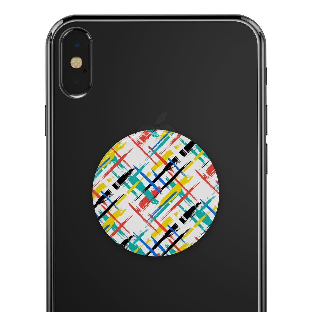 Intersecting Vector Bright Strokes Skin Kit for PopSockets, showcasing vibrant colors and patterns on a smartphone grip.