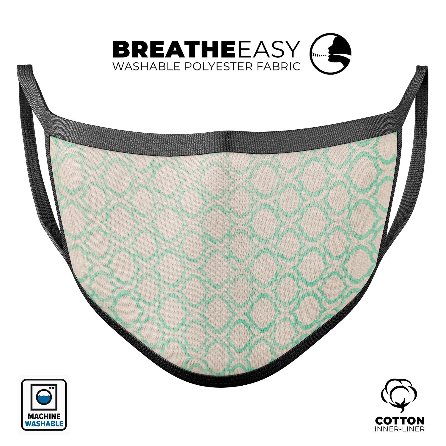 Inverted Teal Oval Pattern mouth cover, showcasing a stylish design with adjustable ear loops, made from soft cotton material.
