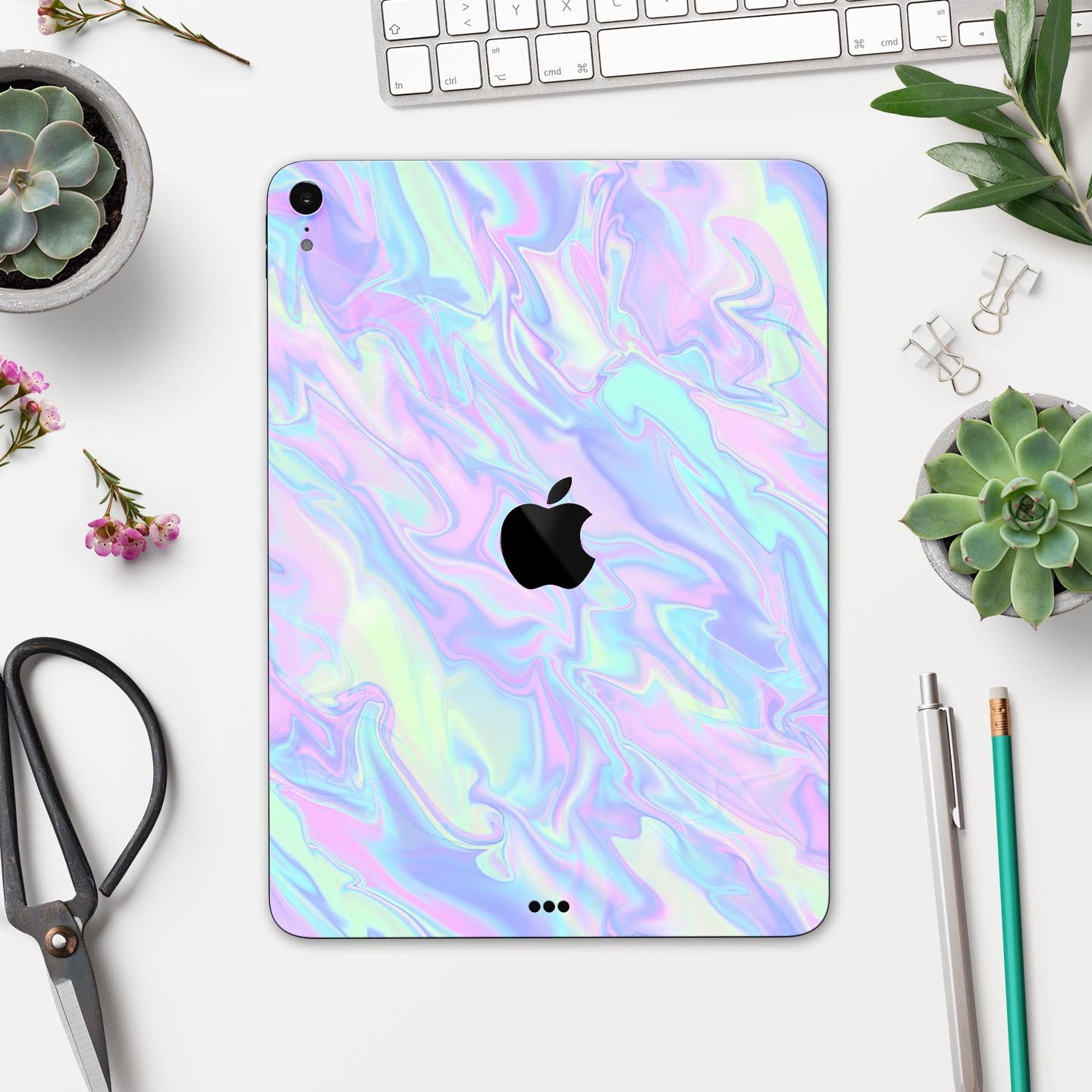 Iridescent Dahlia v1 skin decal for Apple iPad Pro, showcasing vibrant colors and a sleek design.