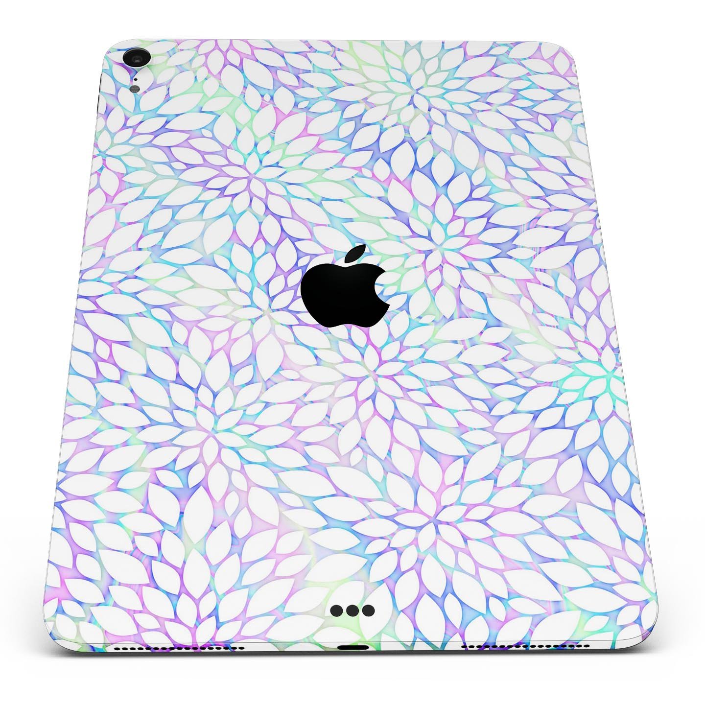 Iridescent Dahlia v2 skin decal applied on an Apple iPad Pro, showcasing vibrant colors and a sleek design.
