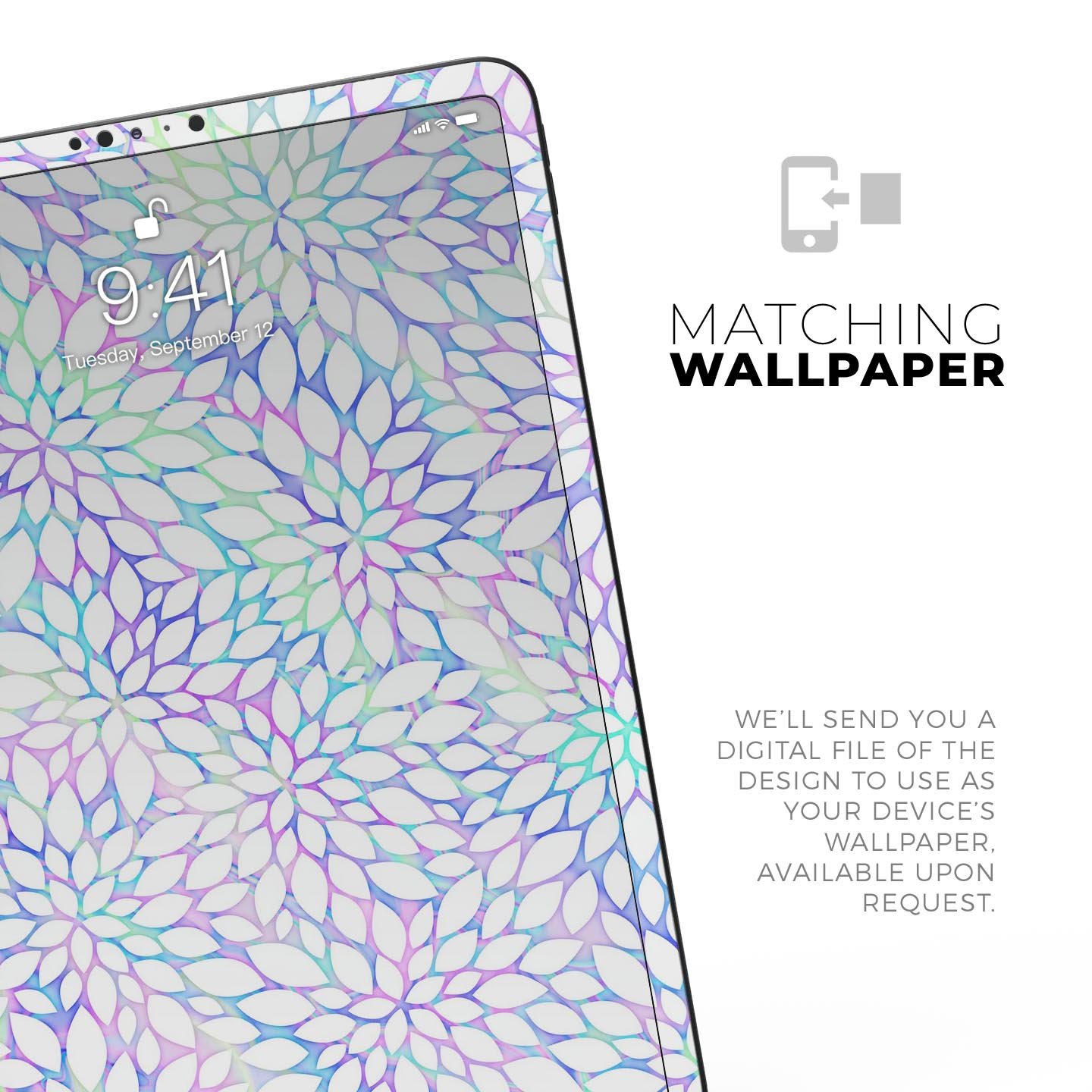 Iridescent Dahlia v2 skin decal applied on an Apple iPad Pro, showcasing vibrant colors and a sleek design.