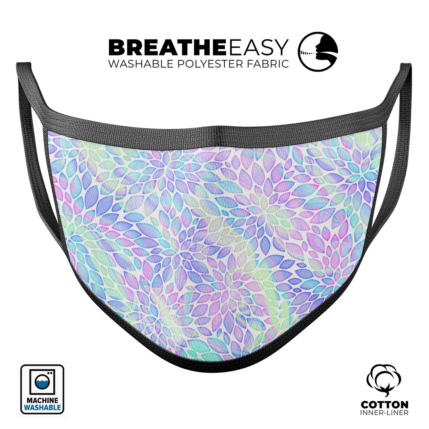 Iridescent Dahlia v3 mouth cover, showcasing vibrant colors and adjustable ear loops, made from soft cotton.