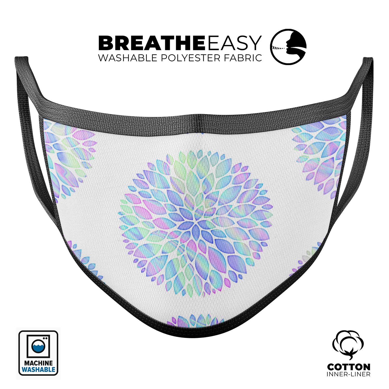 Iridescent Dahlia v5 mouth cover, showcasing vibrant colors and a comfortable design, made from 100% cotton in the USA.