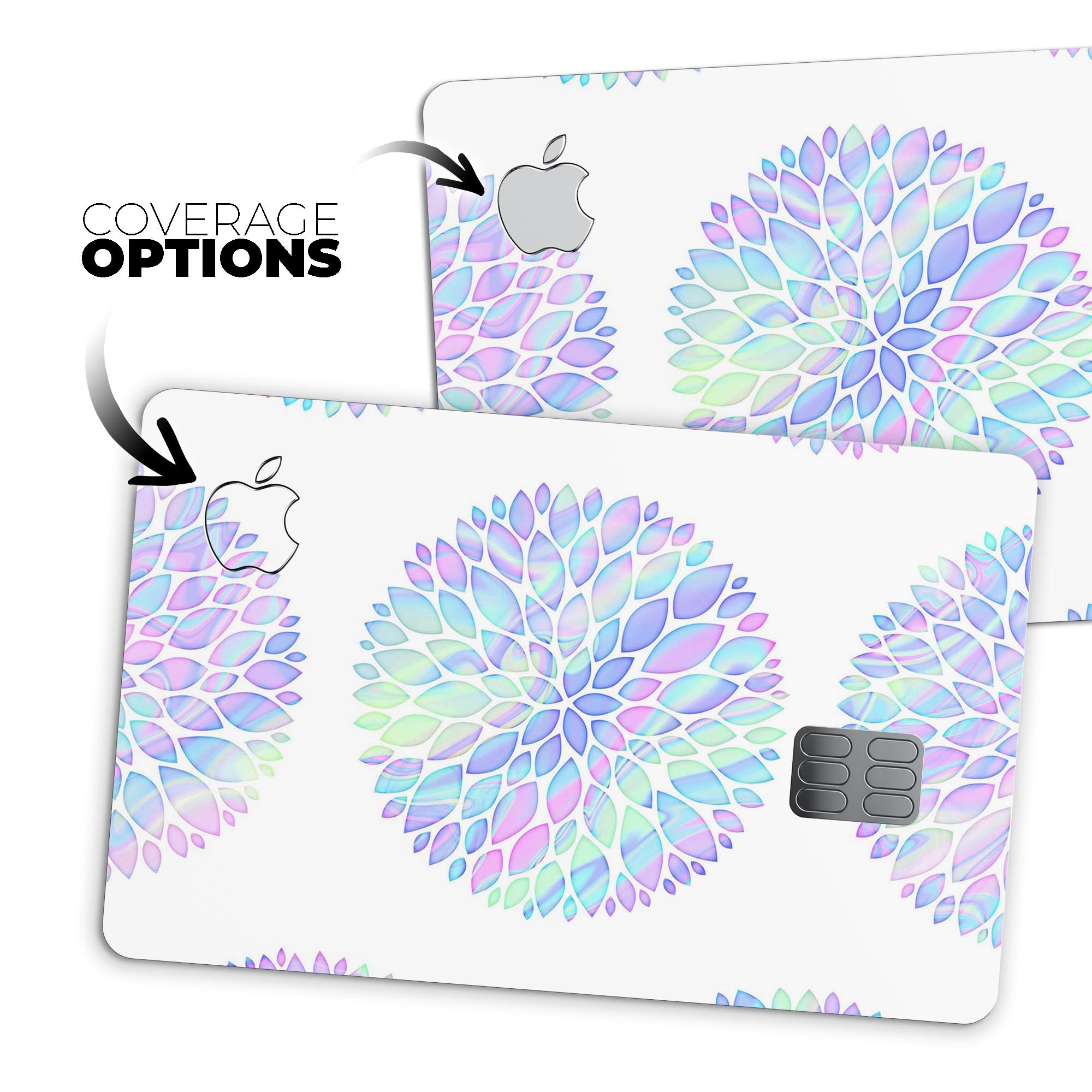 Iridescent Dahlia v5 decal skin for Apple Card, showcasing its vibrant colors and premium finish.
