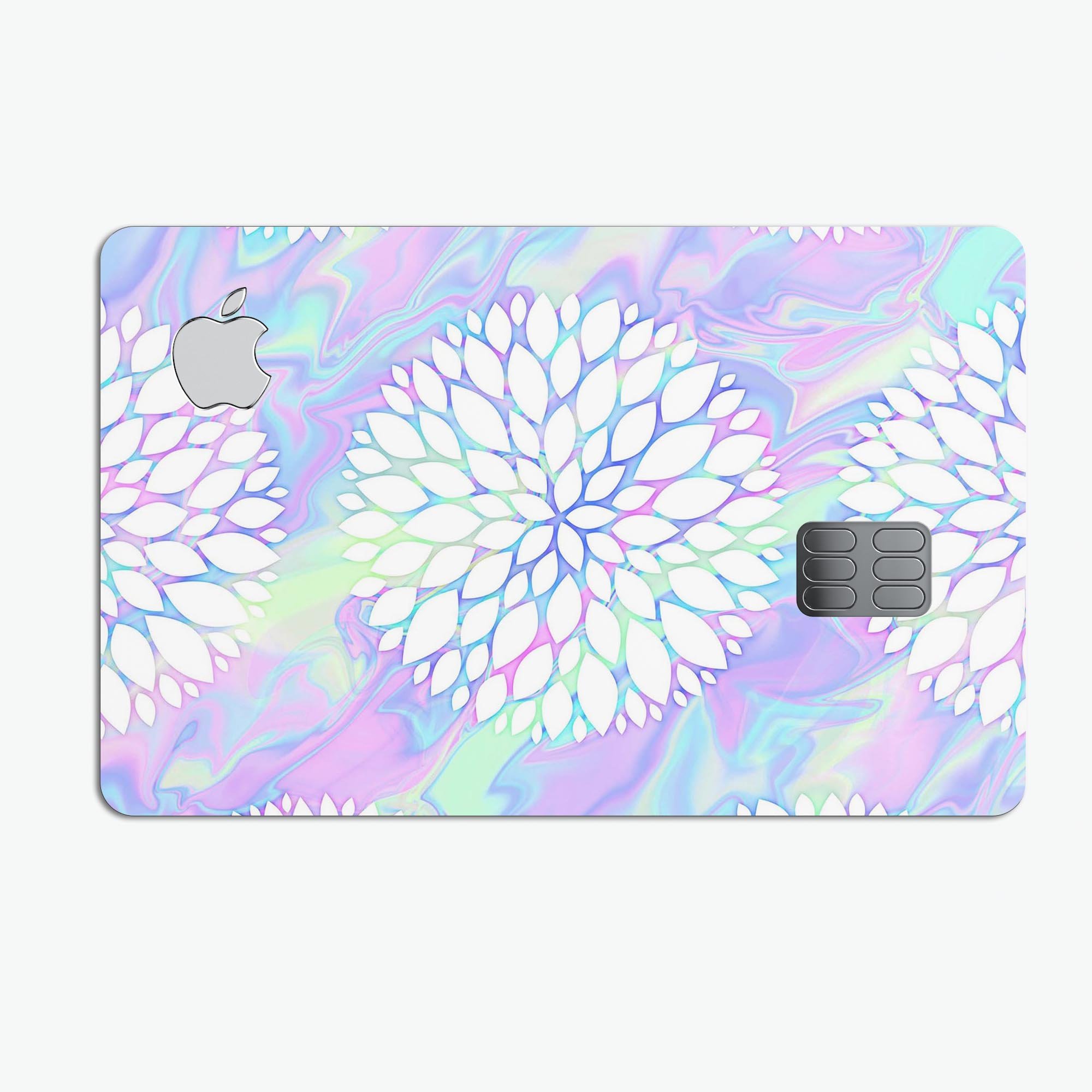 Iridescent Dahlia v6 decal skin-kit for Apple Card, showcasing its vibrant colors and premium finish.