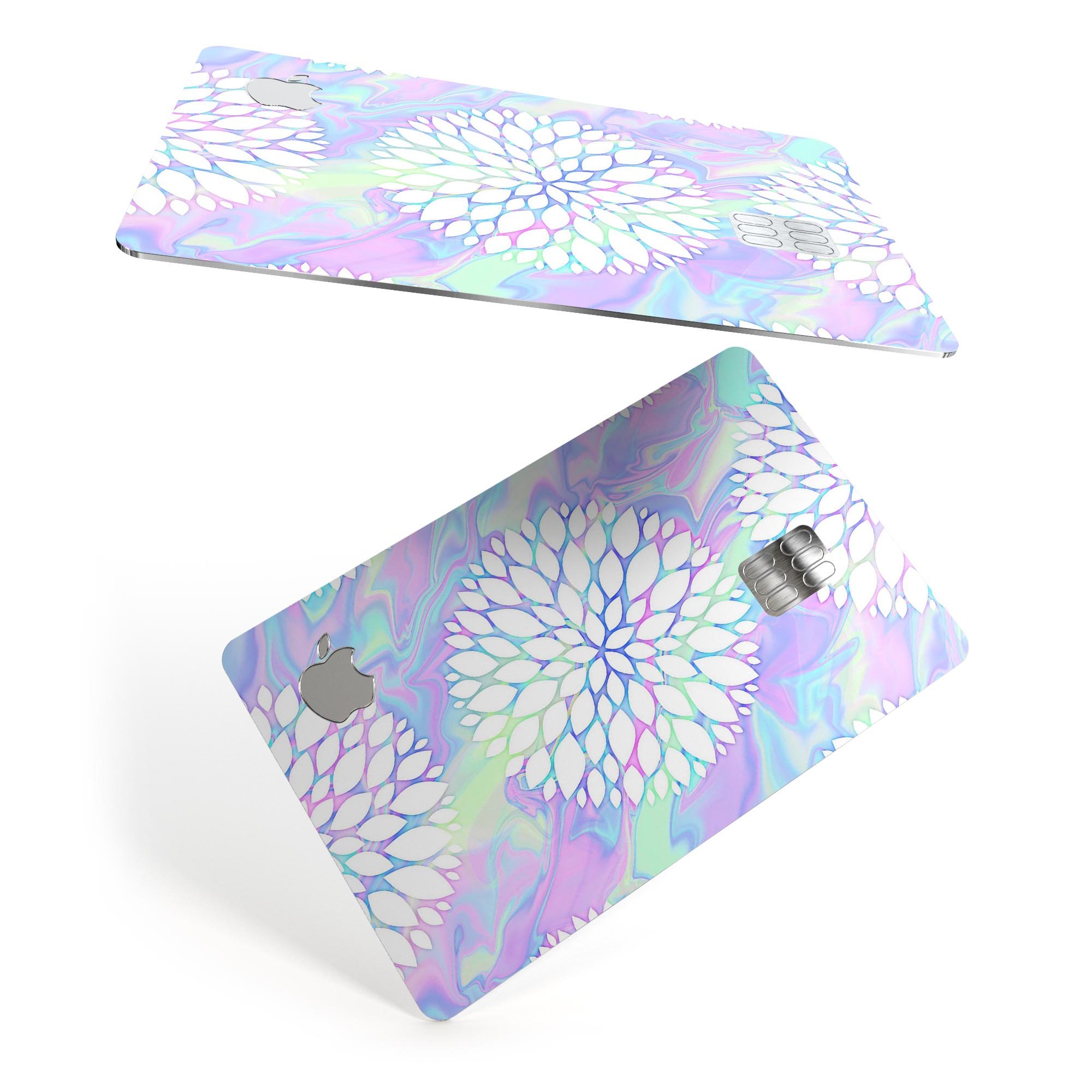 Iridescent Dahlia v6 decal skin-kit for Apple Card, showcasing its vibrant colors and premium finish.