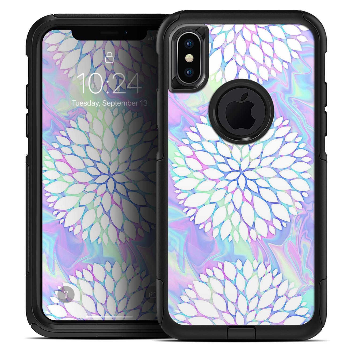 Iridescent Dahlia v6 Skin Kit for iPhone OtterBox Cases featuring vibrant colors and intricate patterns.