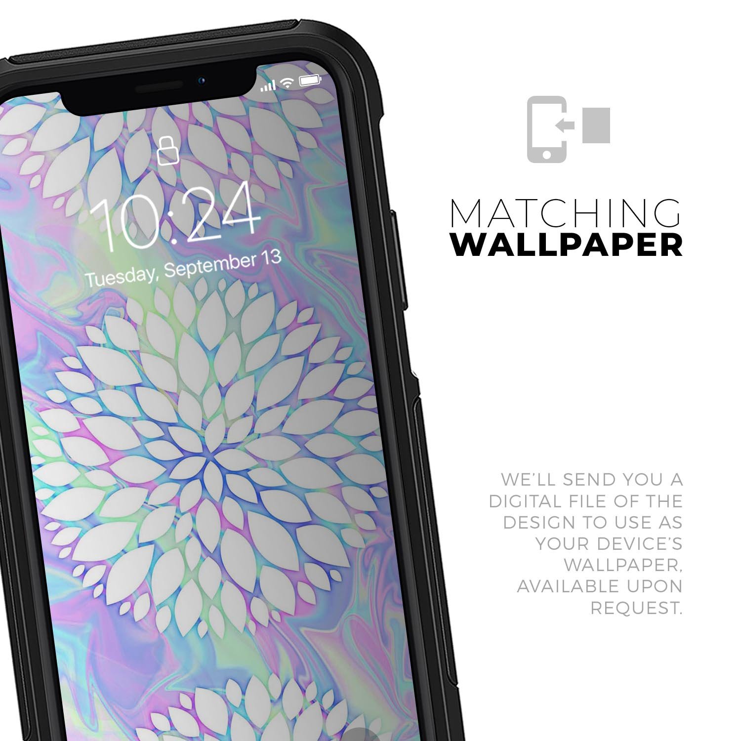 Iridescent Dahlia v6 Skin Kit for iPhone OtterBox Cases featuring vibrant colors and intricate patterns.