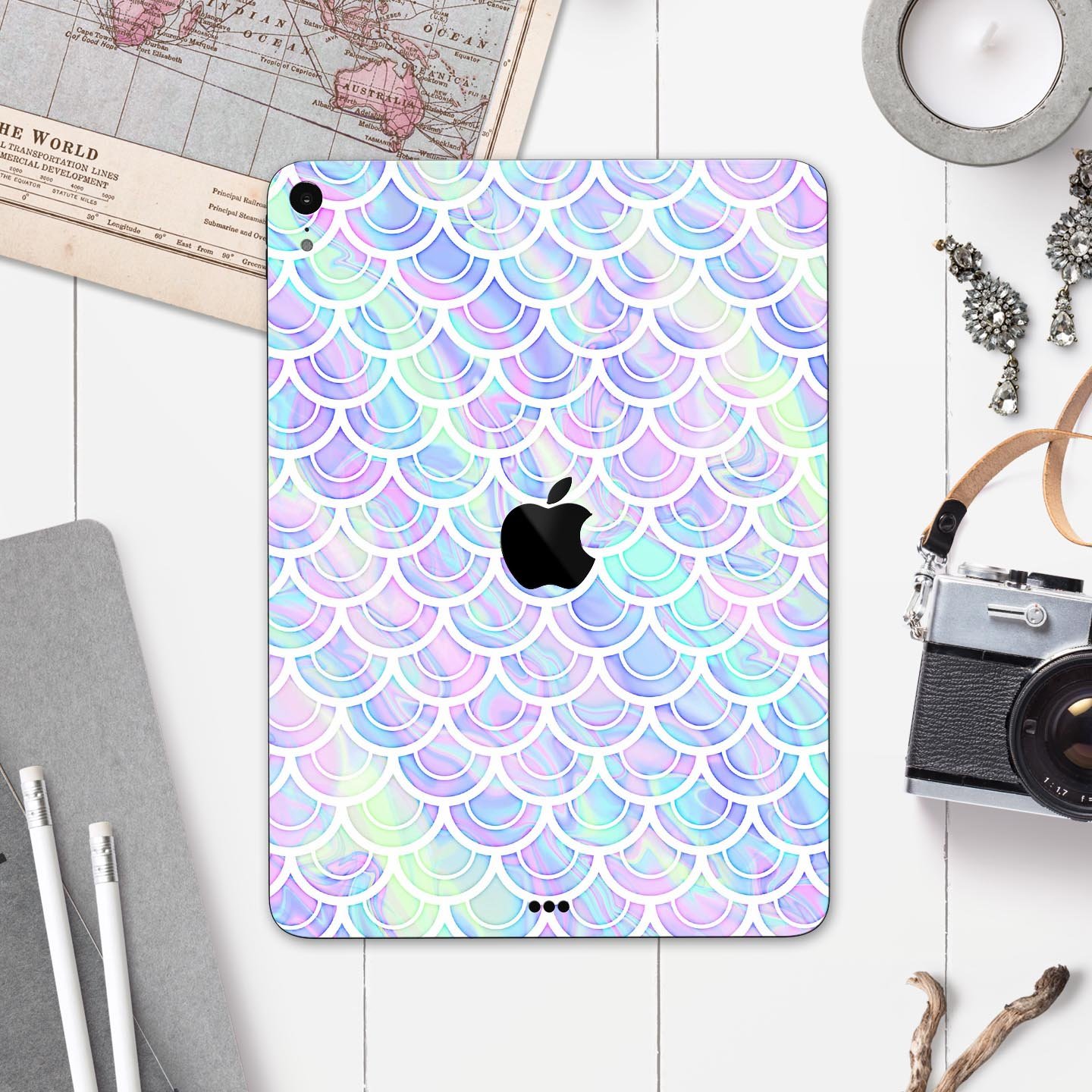 Iridescent Dahlia v9 skin decal for Apple iPad Pro, showcasing vibrant colors and a sleek design.
