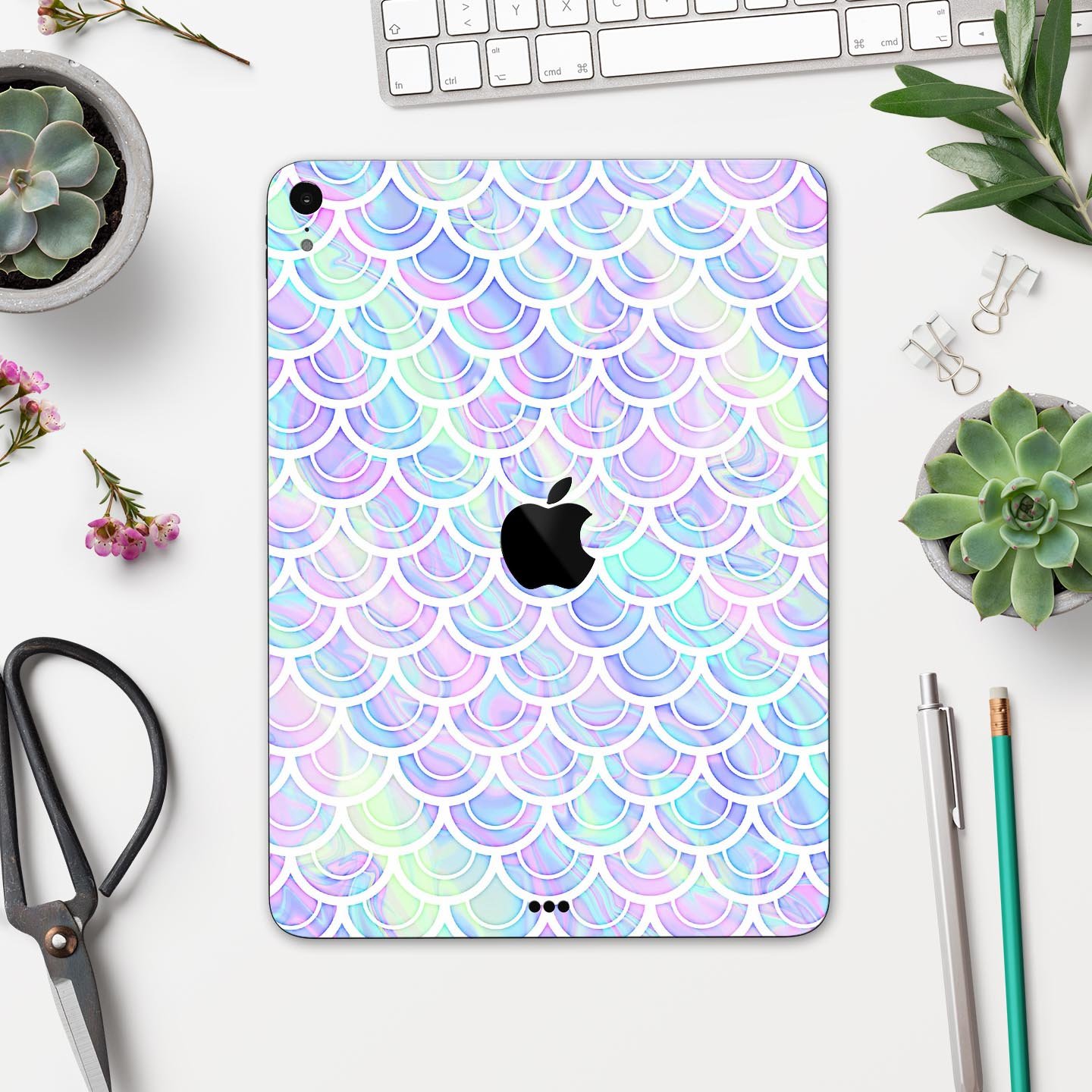 Iridescent Dahlia v9 skin decal for Apple iPad Pro, showcasing vibrant colors and a sleek design.