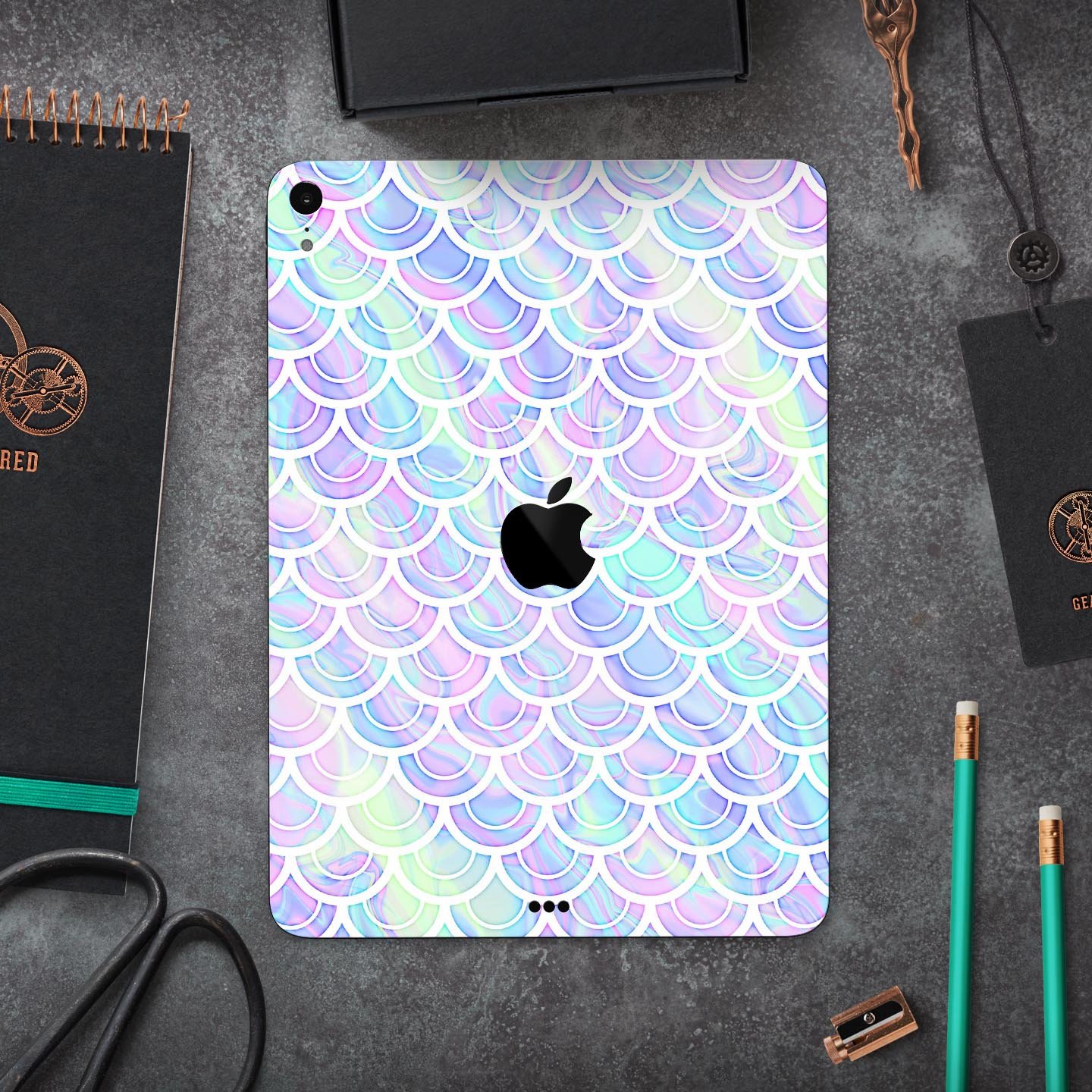 Iridescent Dahlia v9 skin decal for Apple iPad Pro, showcasing vibrant colors and a sleek design.