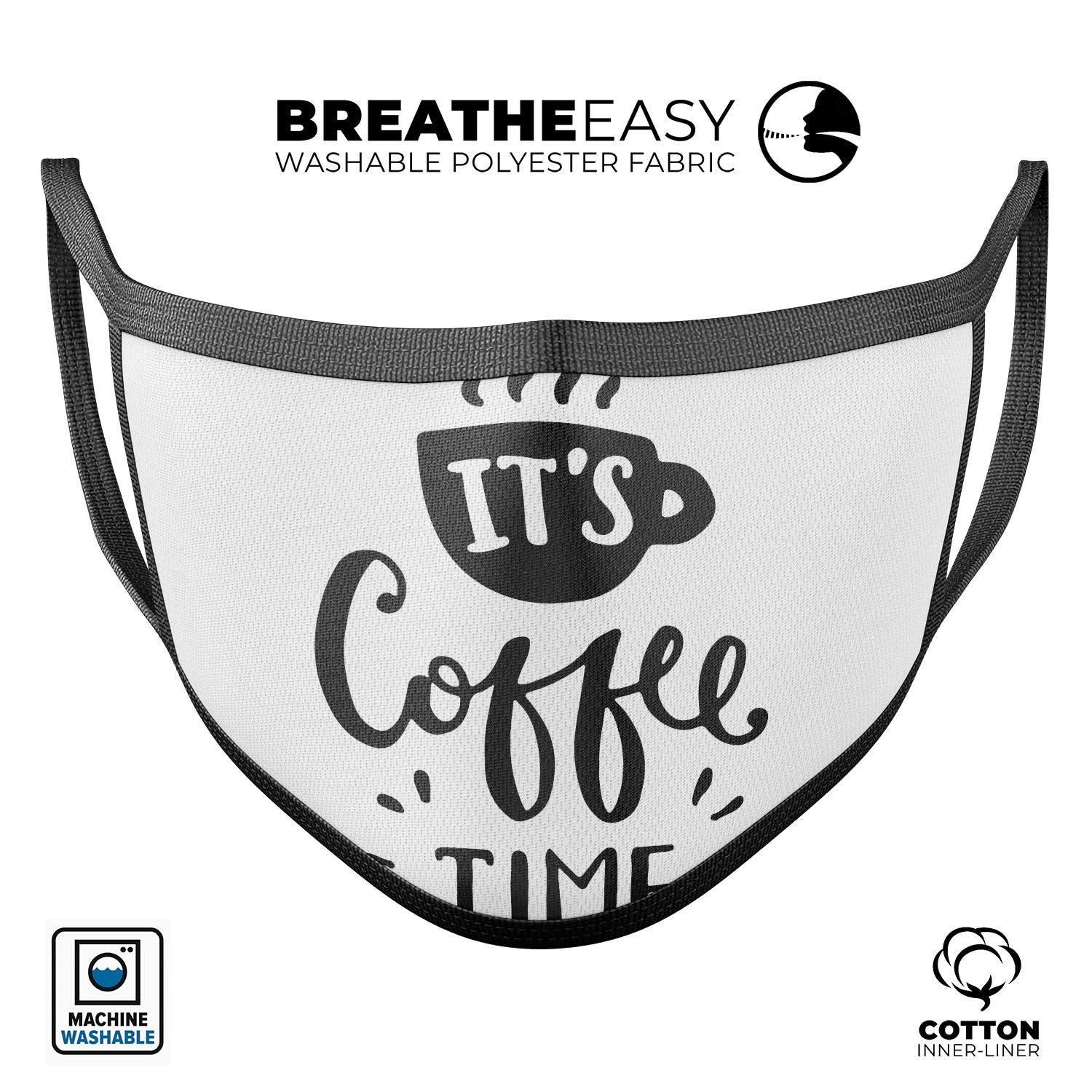 Its Coffee Time mouth cover, a unisex anti-dust cotton mask made in the USA, featuring adjustable ear loops and a comfortable fit.