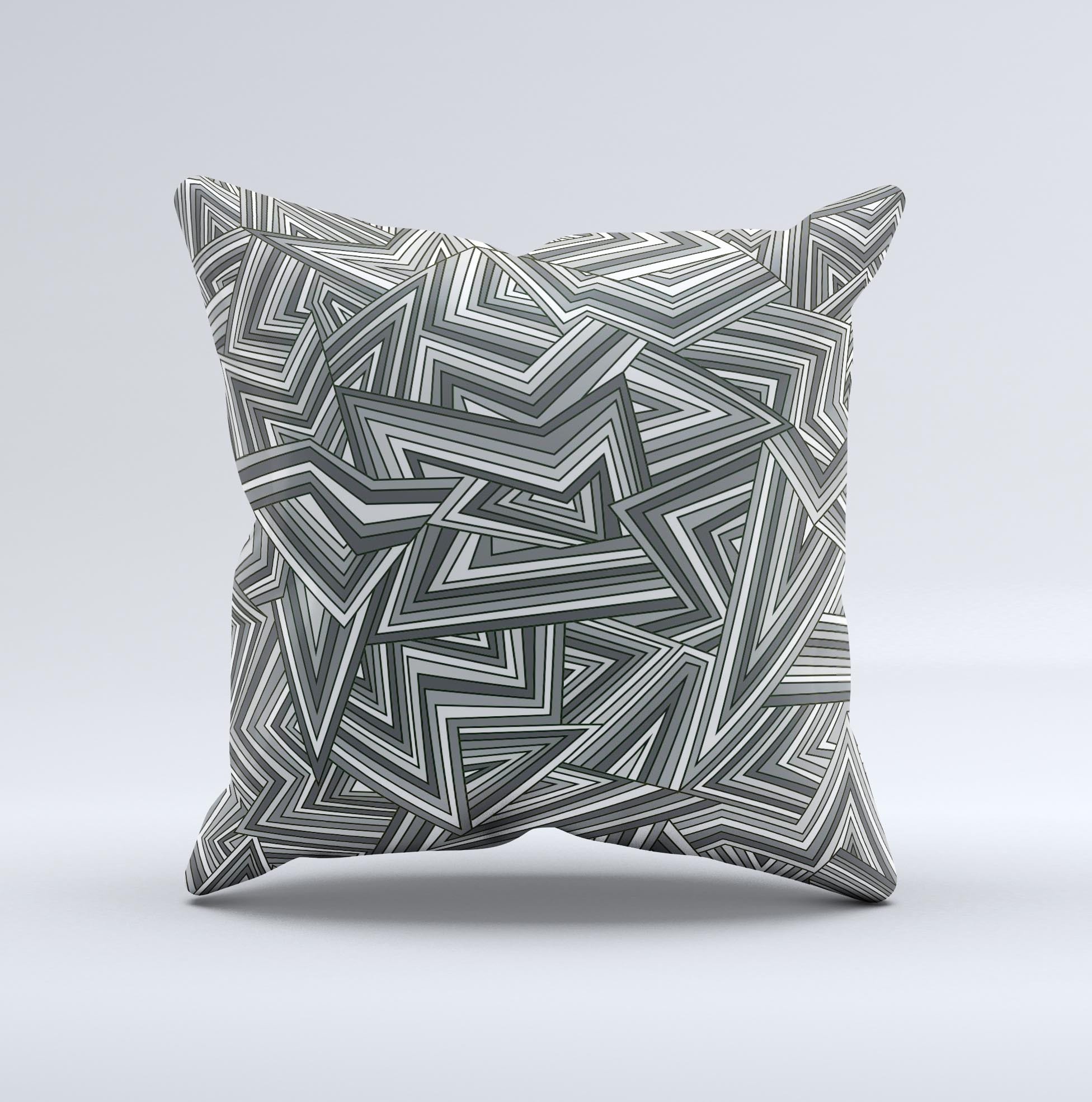 Jagged Abstract Graytone Ink-Fuzed Decorative Throw Pillow showcasing unique hand-produced design with gray tones and soft texture.