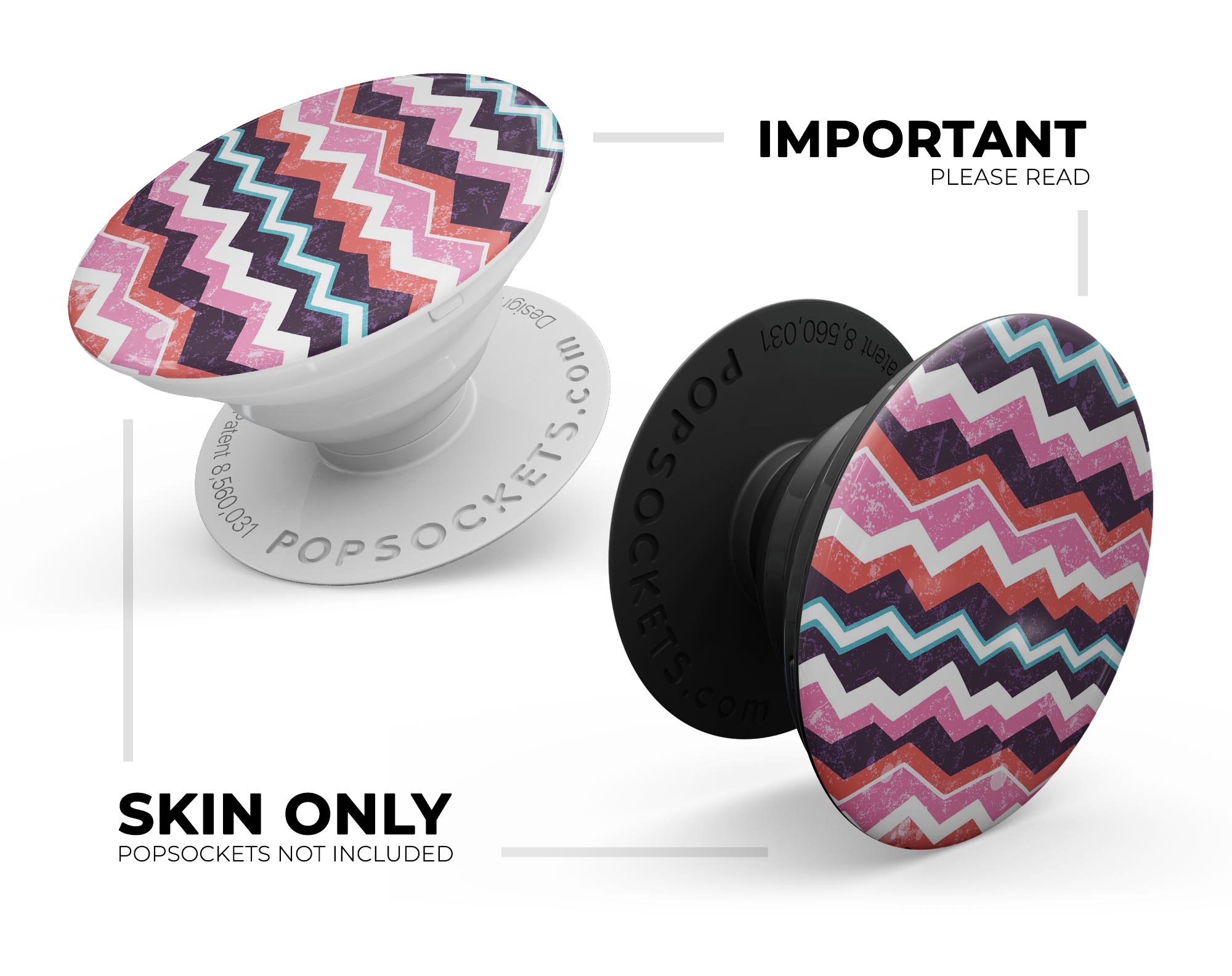 Jagged Colorful Chevron Skin Kit for PopSockets, featuring a vibrant chevron pattern on premium vinyl material.