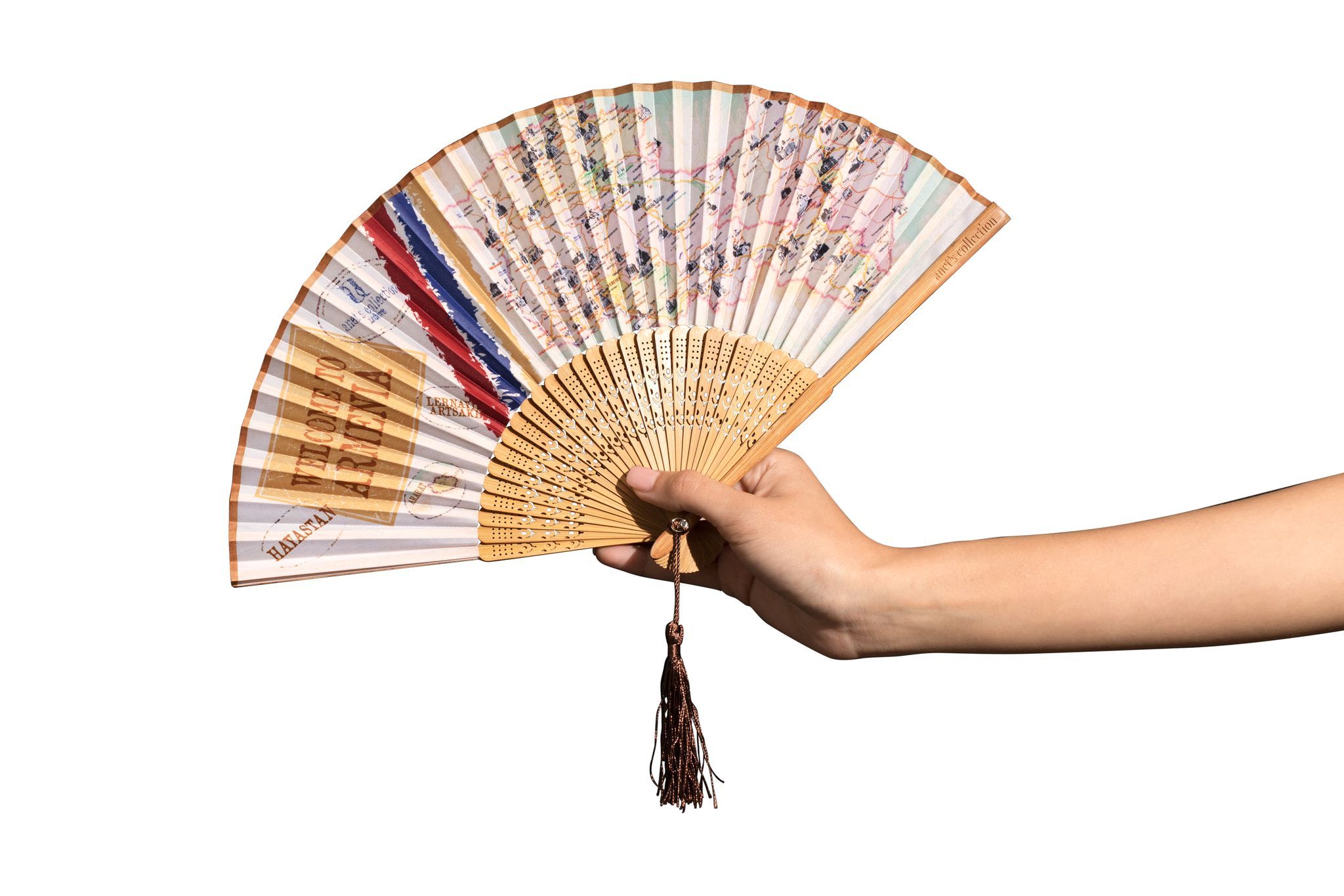 Journey to Armenia Hand Fan with bamboo ribs and shimmery brown tassel, displayed elegantly.