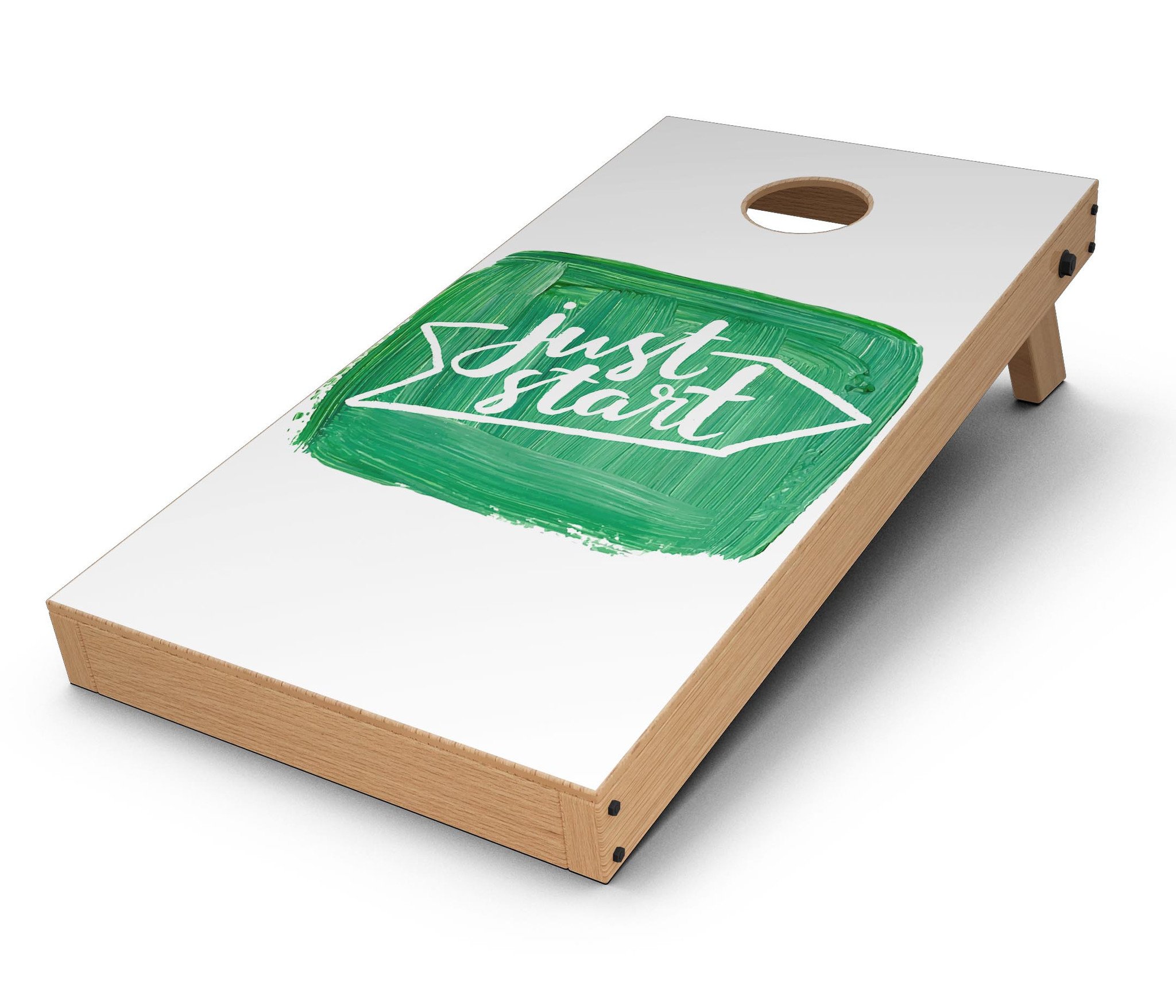Just Start Green Paint Cornhole Board Skin Decal Kit showcasing vibrant green design for custom Cornhole boards.