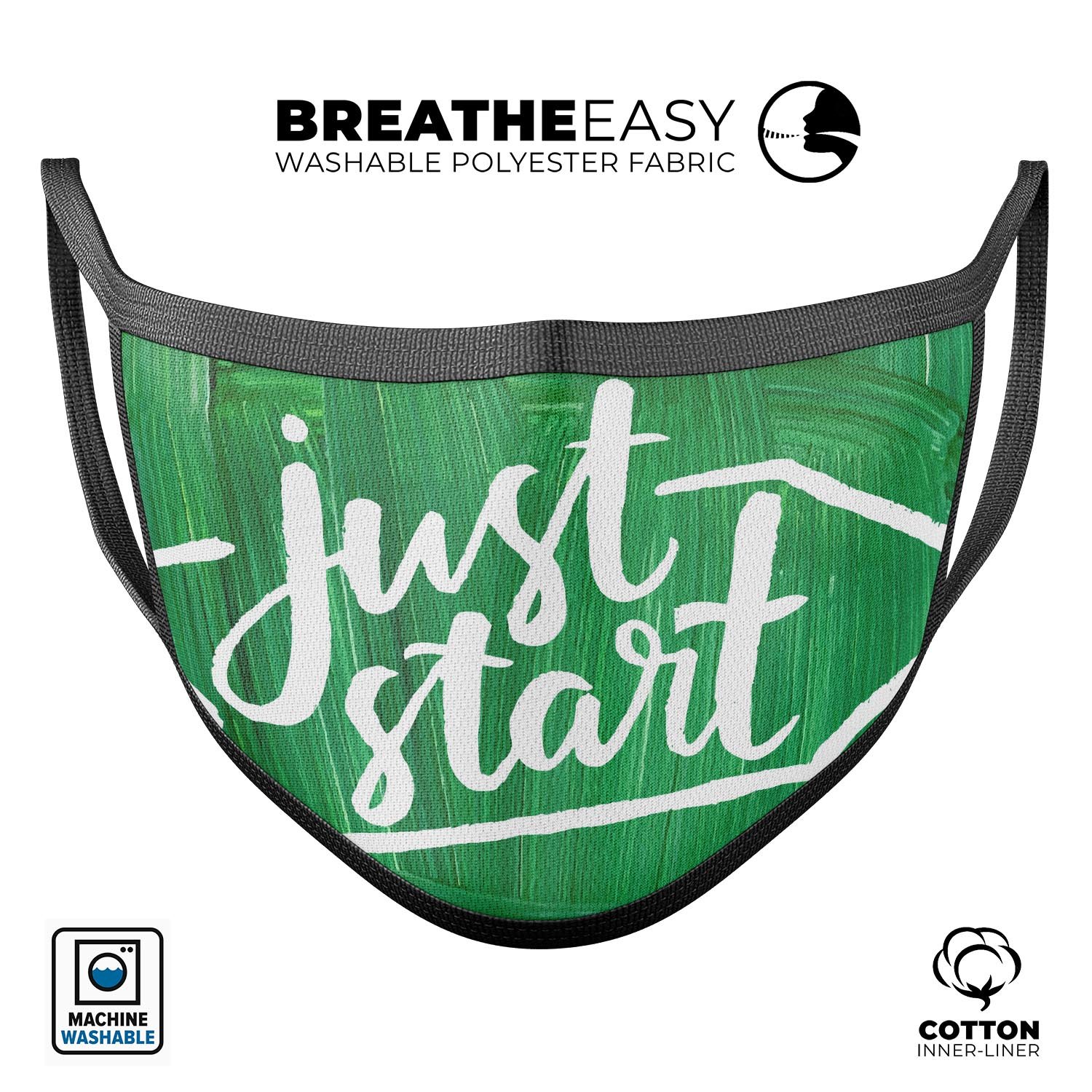 Just Start Green Paint mouth cover, a unisex anti-dust mask made in the USA, featuring adjustable ear loops and a comfortable cotton interior.