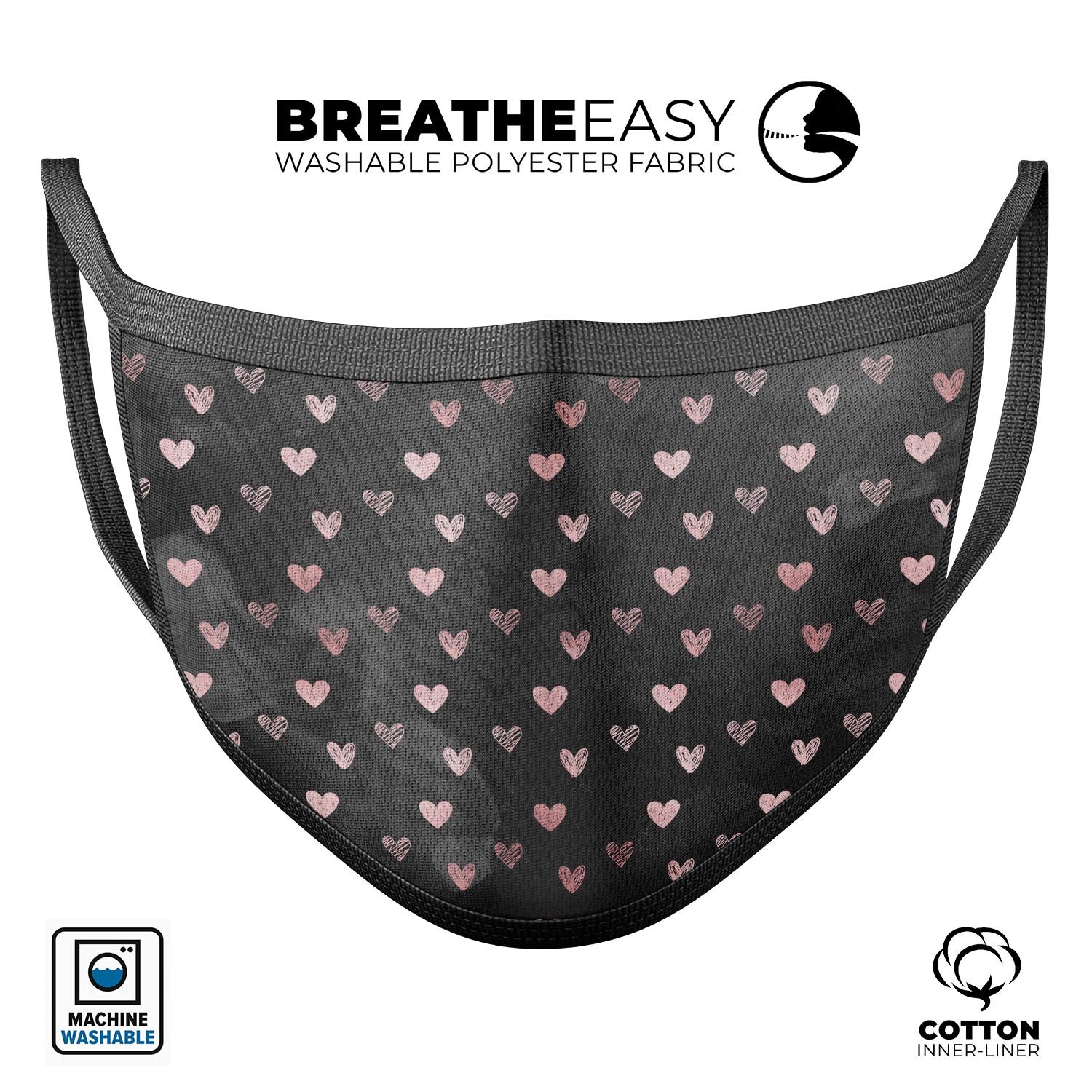 Karamfila Marble & Rose Gold Hearts reusable mouth cover, showcasing a stylish design with adjustable ear loops.