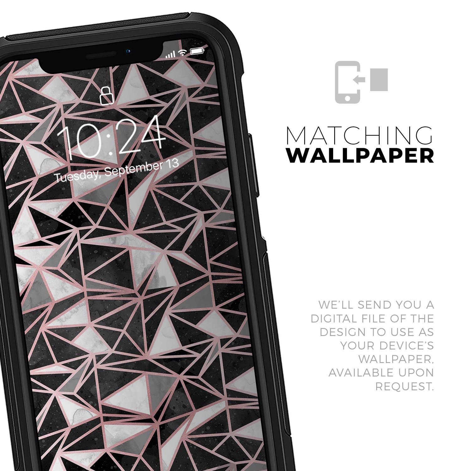 Karamfila Marble & Rose Gold Skin Kit for iPhone OtterBox, showcasing a stylish marble design with rose gold accents.