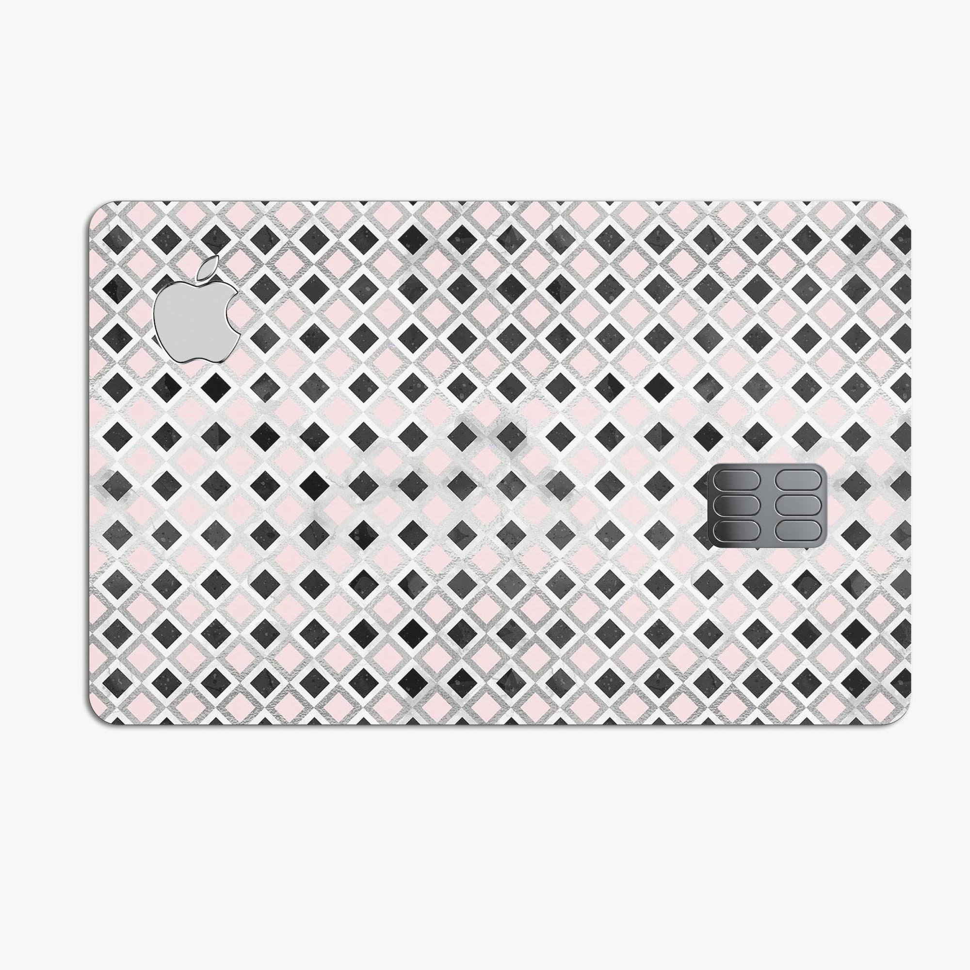 Karamfila Silver & Pink Marble V11 decal skin applied to an Apple Card, showcasing its premium design and protective features.