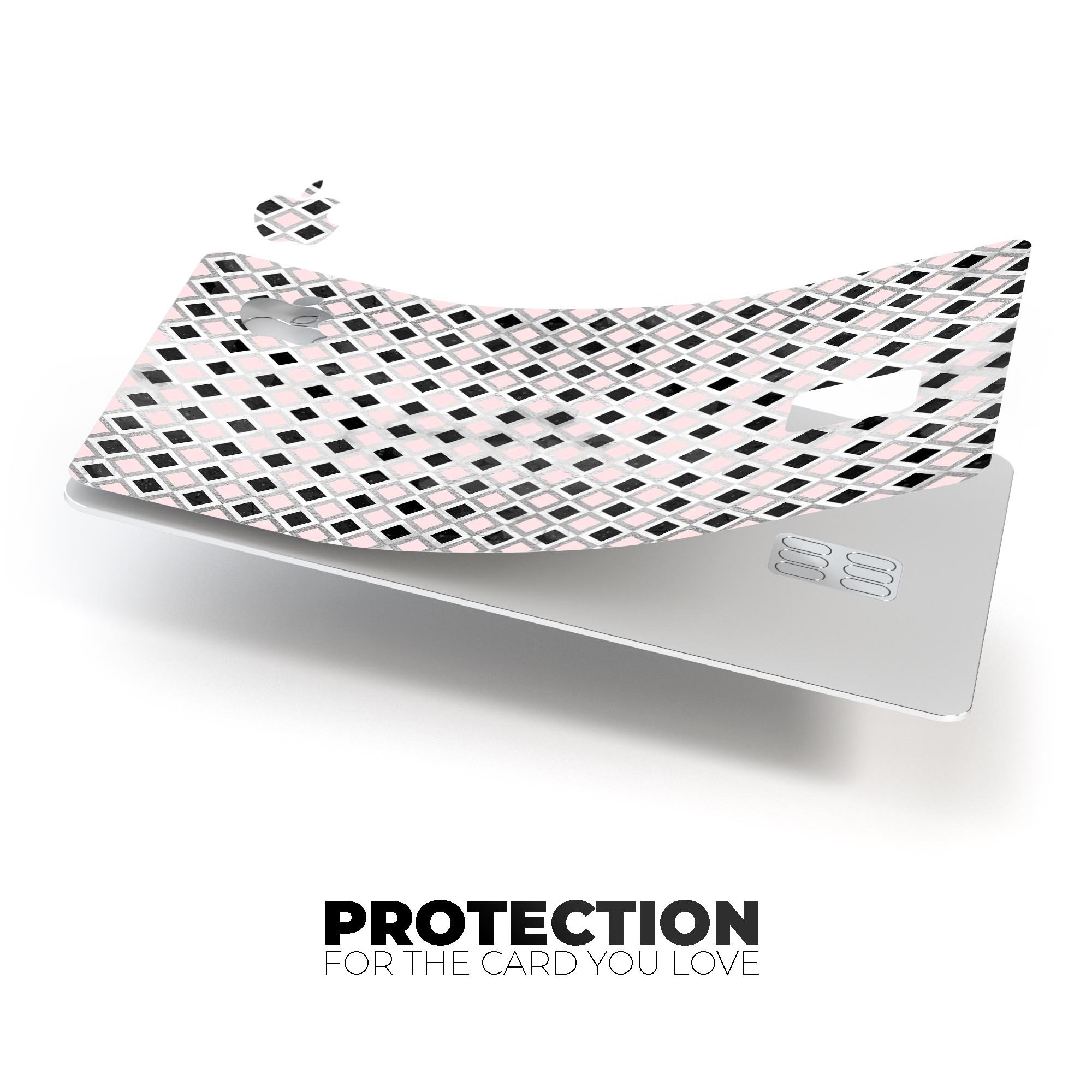 Karamfila Silver & Pink Marble V11 decal skin applied to an Apple Card, showcasing its premium design and protective features.