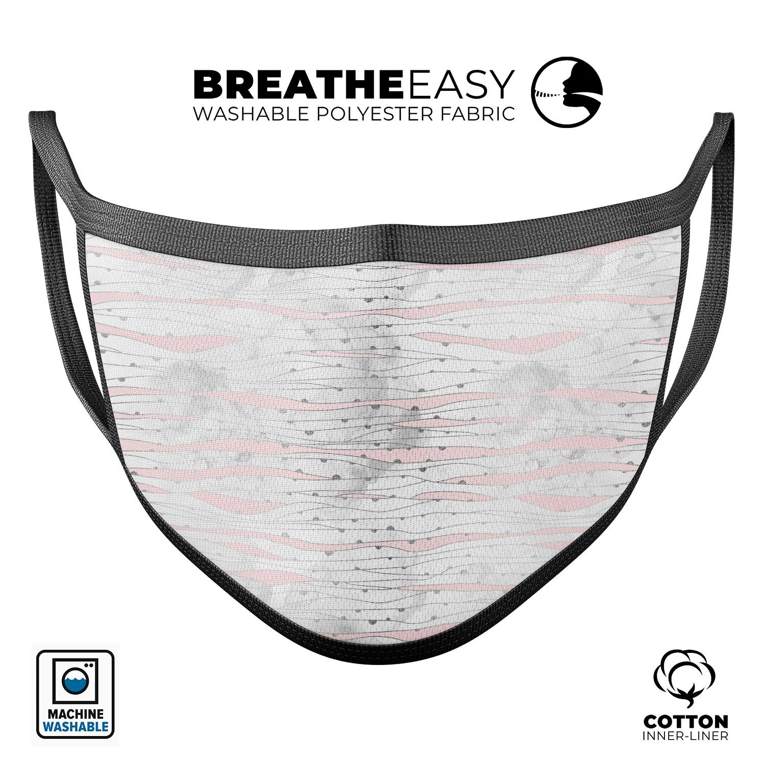 Karamfila Silver & Pink Marble V10 mouth cover, showcasing a stylish design with adjustable ear loops, made from soft cotton.