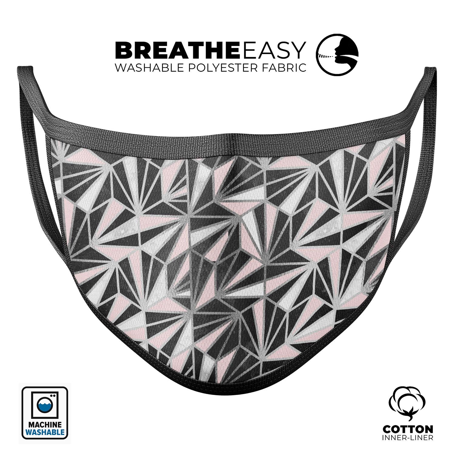 Karamfila Silver & Pink Marble V4 mouth cover, showcasing a stylish design with adjustable ear loops, made from soft cotton.